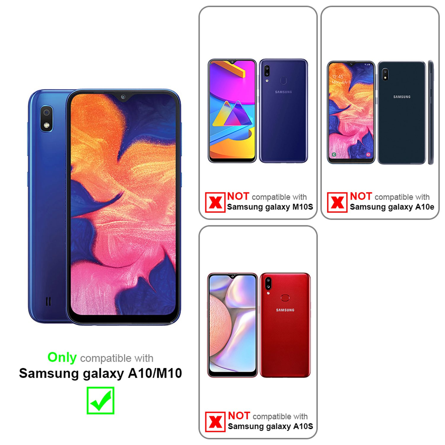 Telefone: Blaues Samsung Galaxy A10/M10 gezeigt. Andere sind inkompatibel: Samsung Galaxy M10S, A10e und A10S.