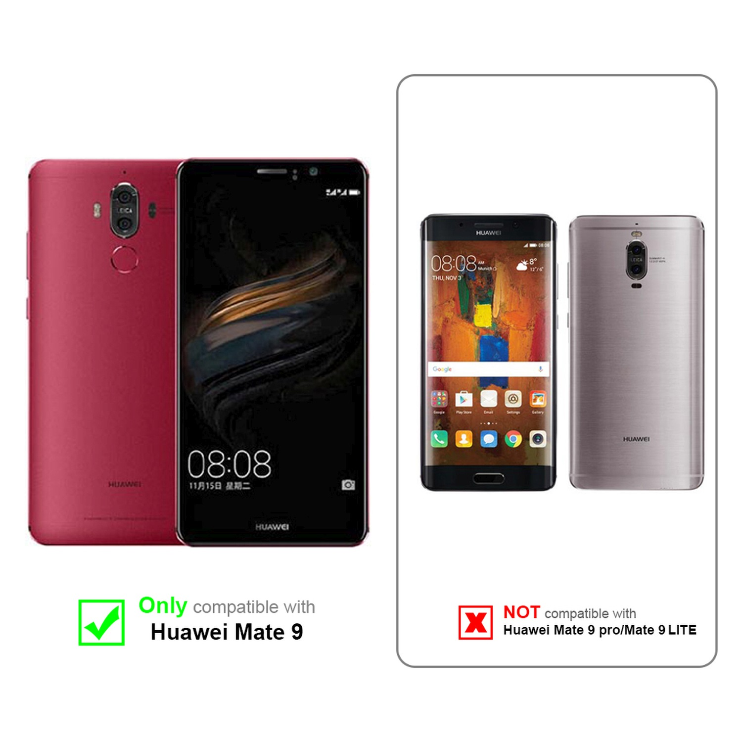 Comparación de teléfonos Huawei: uno compatible (marca de verificación verde), dos no compatibles (X roja), con modelos y fecha.