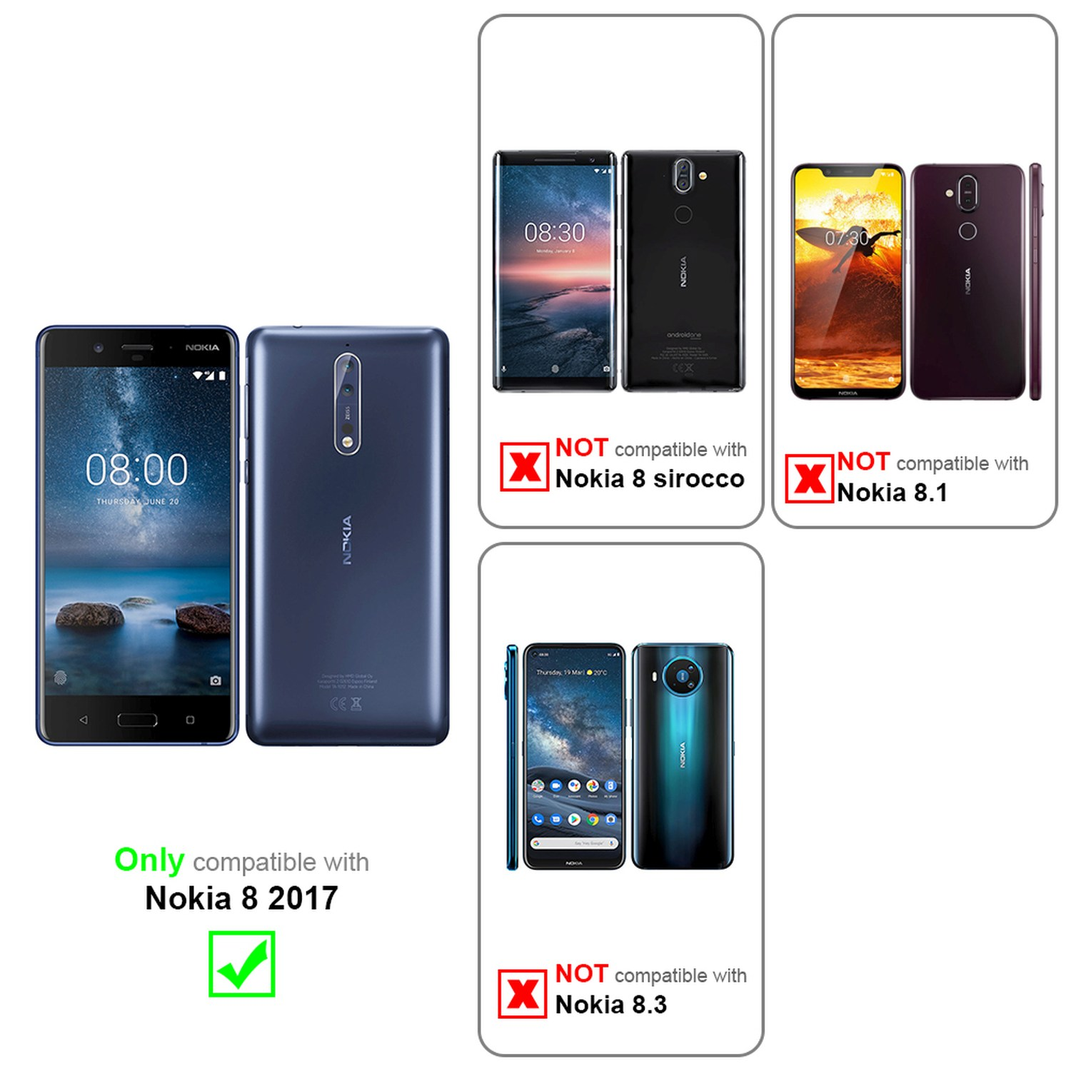 Confronto di telefoni. Solo Nokia 8 2017 è compatibile. Nokia 8 Sirocco, 8.1 e 8.3 non sono compatibili.
