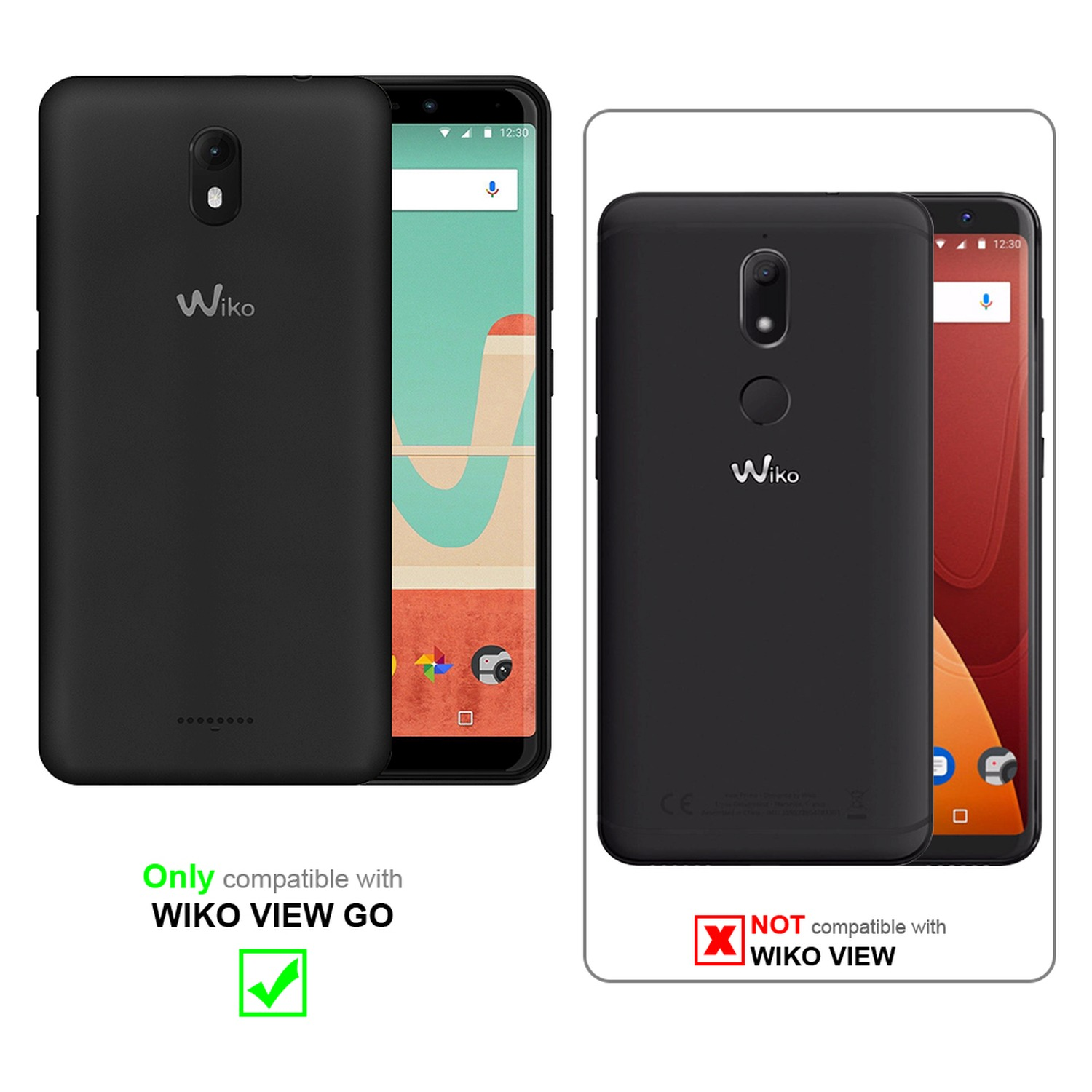 Funda negra para teléfono Wiko View Go. Solo compatible con View Go, no View. El teléfono está a la derecha, pantalla visible.