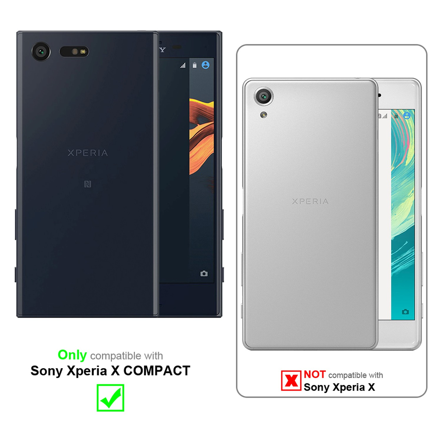 Dos teléfonos uno al lado del otro. Uno es compatible, el otro no. Un teléfono es azul. Fondo blanco.