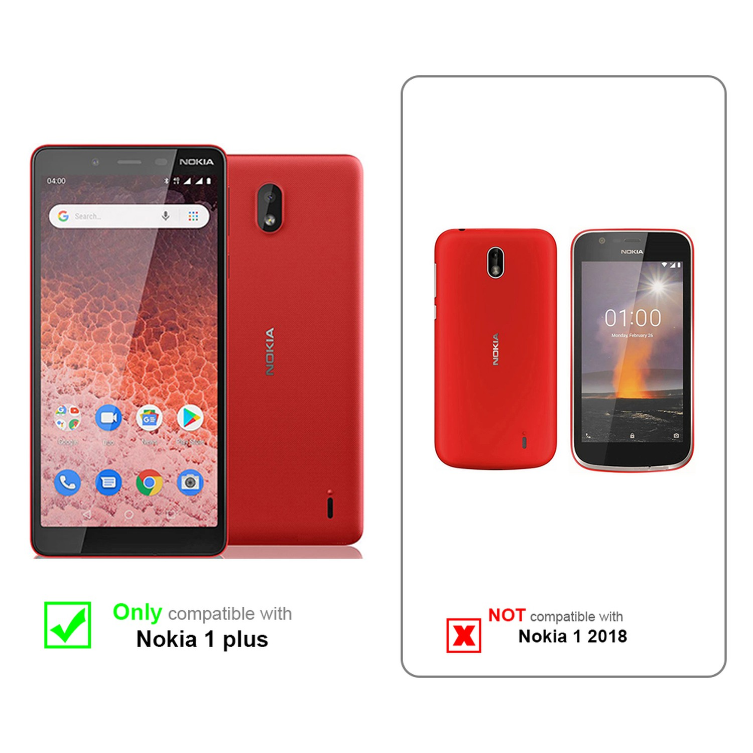 Custodie con telefoni, compatibile con Nokia 1 plus, non con Nokia 1 2018, sfondo bianco.