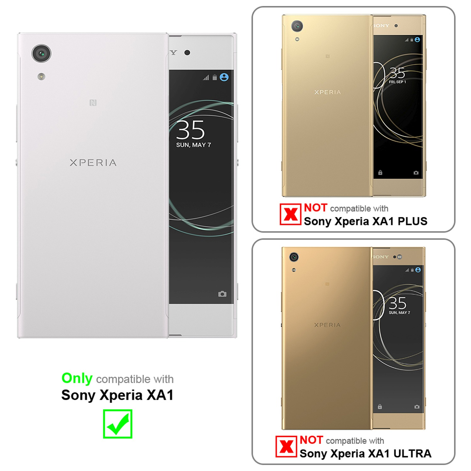 Custodie per telefono. Sony Xperia XA1 è compatibile, altri no. Custodie mostrate in bianco e oro.