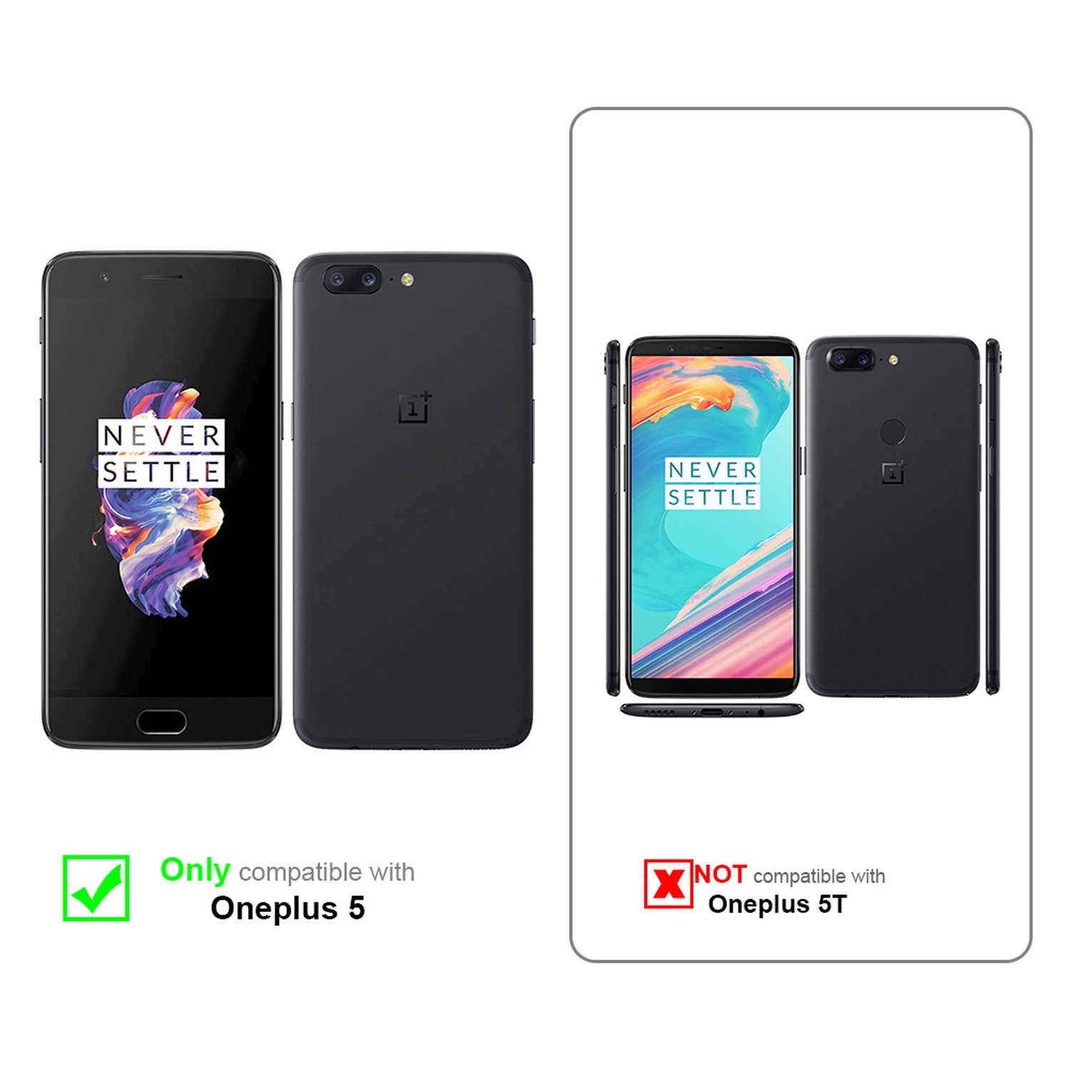 Dos teléfonos, OnePlus 5 y 5T, con una marca de verificación para la compatibilidad con OnePlus 5 y una cruz para 5T.