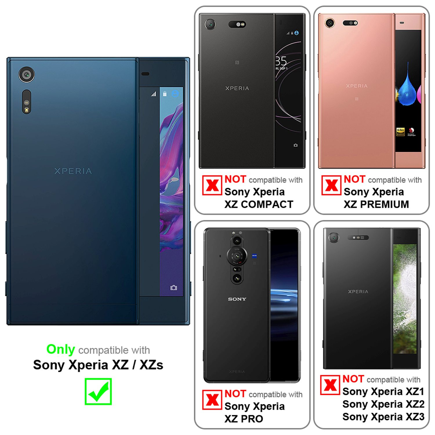 Immagine che mostra custodie per telefoni. Una custodia è compatibile con Sony Xperia XZ / XZs. Altre non sono compatibili.