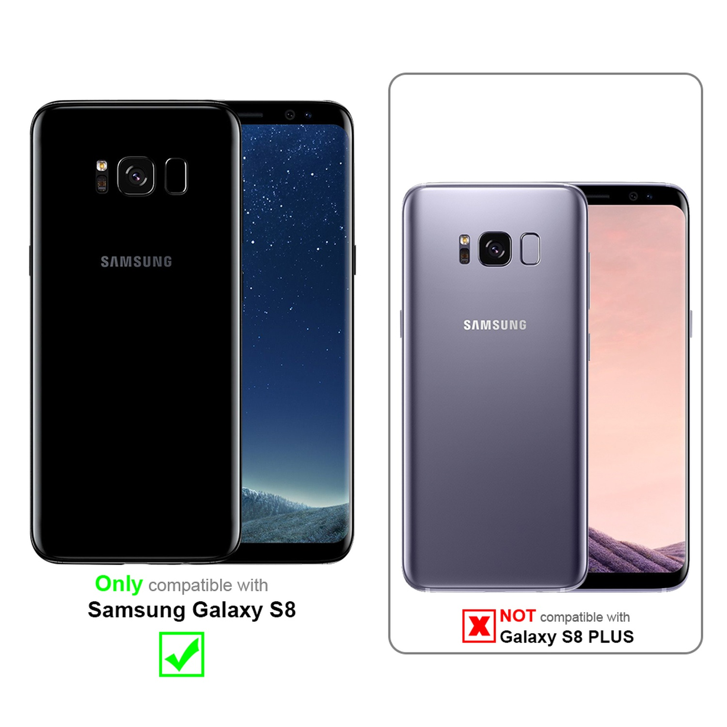 Zwei Handys: ein kompatibles Samsung Galaxy S8 und ein nicht kompatibles Handy. Grünes Häkchen/rotes X.