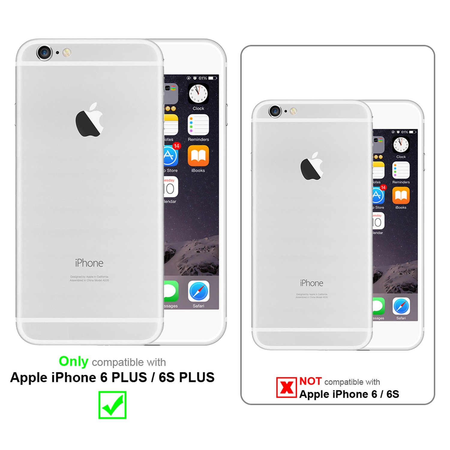 Drei Telefone, Apple iPhone 6 PLUS/6S PLUS kompatibel mit grünem Häkchen. Andere nicht, mit roten X's.