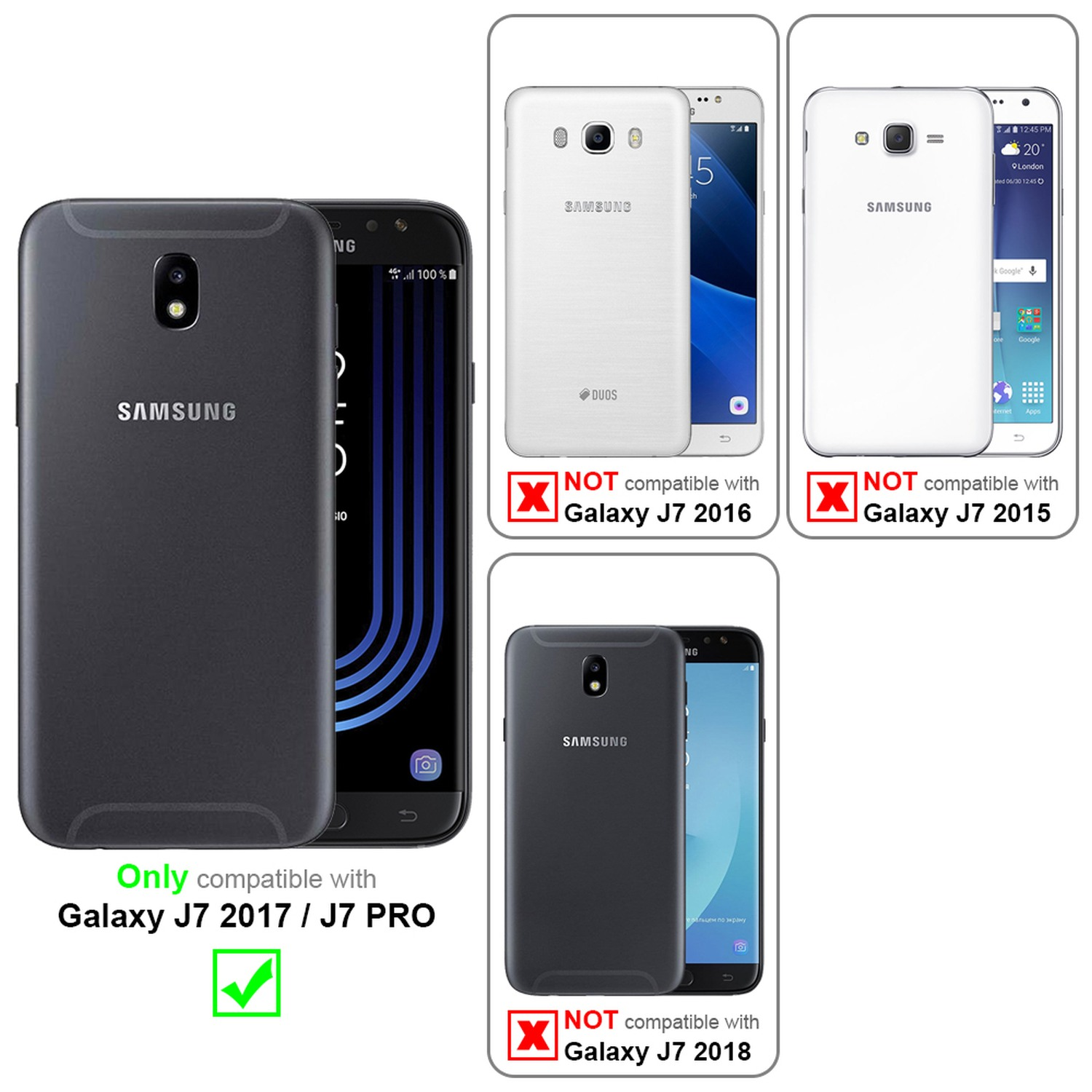 Schwarze Samsung J7 2017/J7 Pro Handyhülle. Andere nicht kompatibel. Grünes Häkchen zeigt Kompatibilität an.