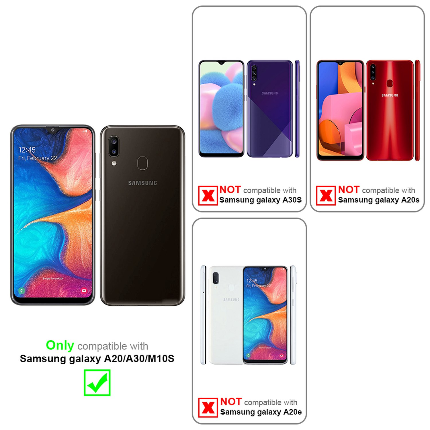 Bild, das Handyhüllen zeigt. Eine Hülle ist mit Samsung Galaxy A20/A30/M10S kompatibel. Andere sind nicht kompatibel.