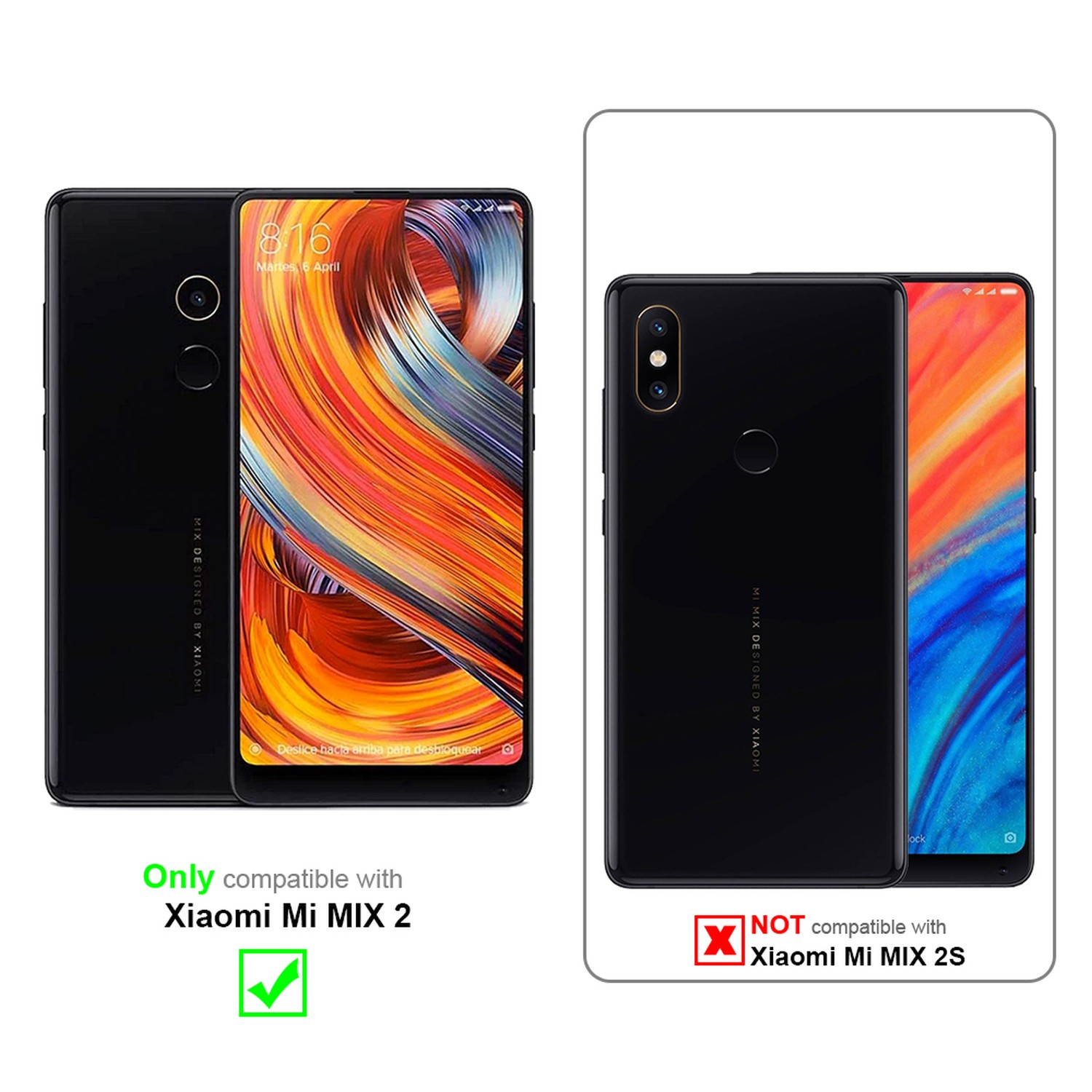Due telefoni neri, uno con schermo e l'altro con il retro. Il testo indica la compatibilità con Xiaomi Mi MIX 2.