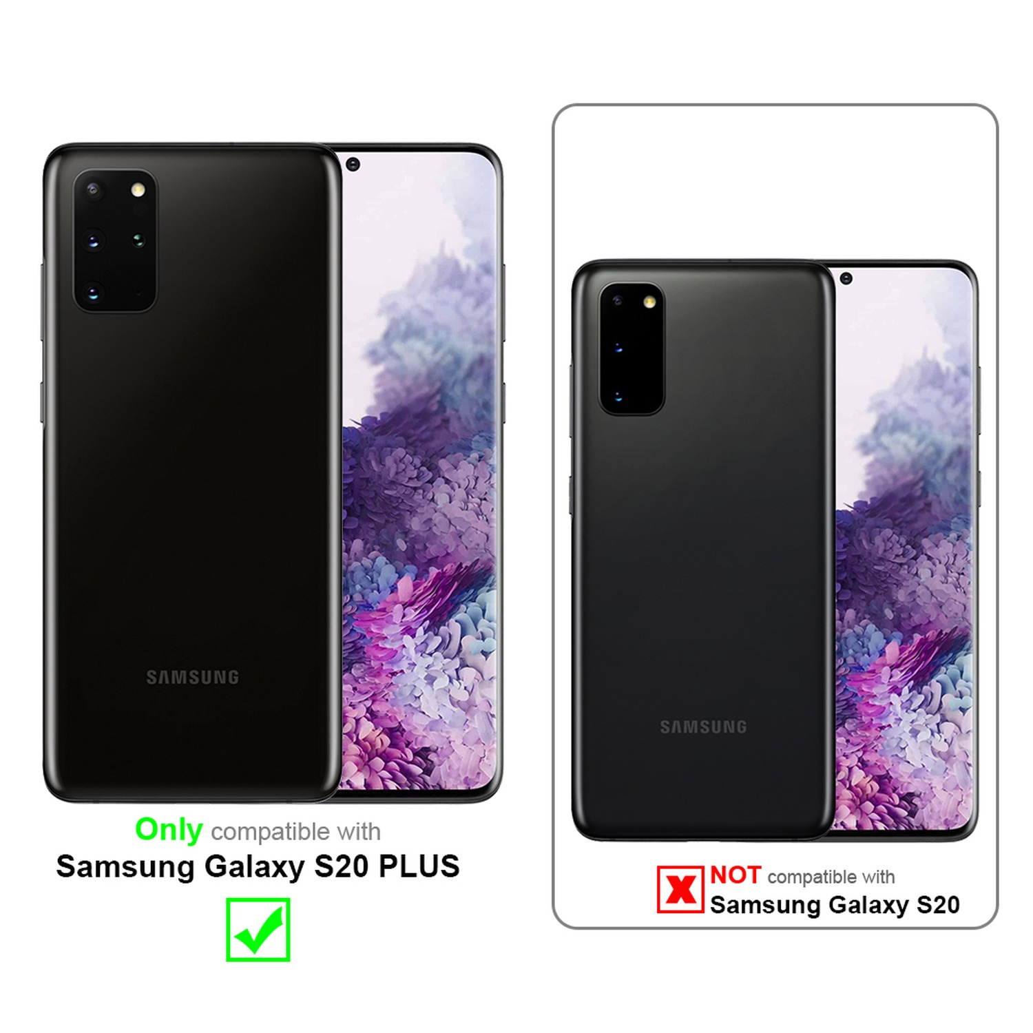Zwei schwarze Telefone. Text: Nur kompatibel mit Samsung Galaxy S20 PLUS.