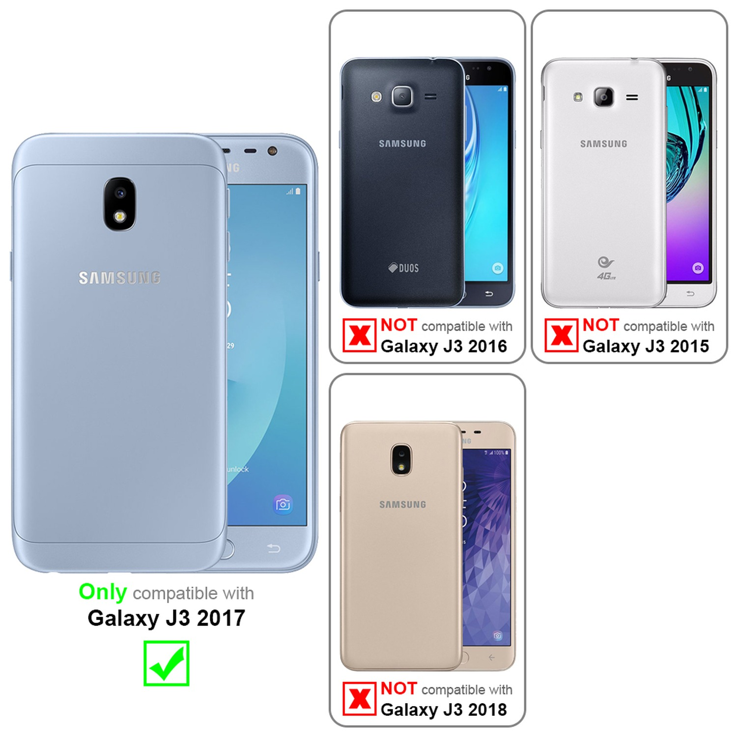 Blaues Samsung Galaxy J3 2017 neben Bildern anderer Telefone, die die Kompatibilität zeigen.