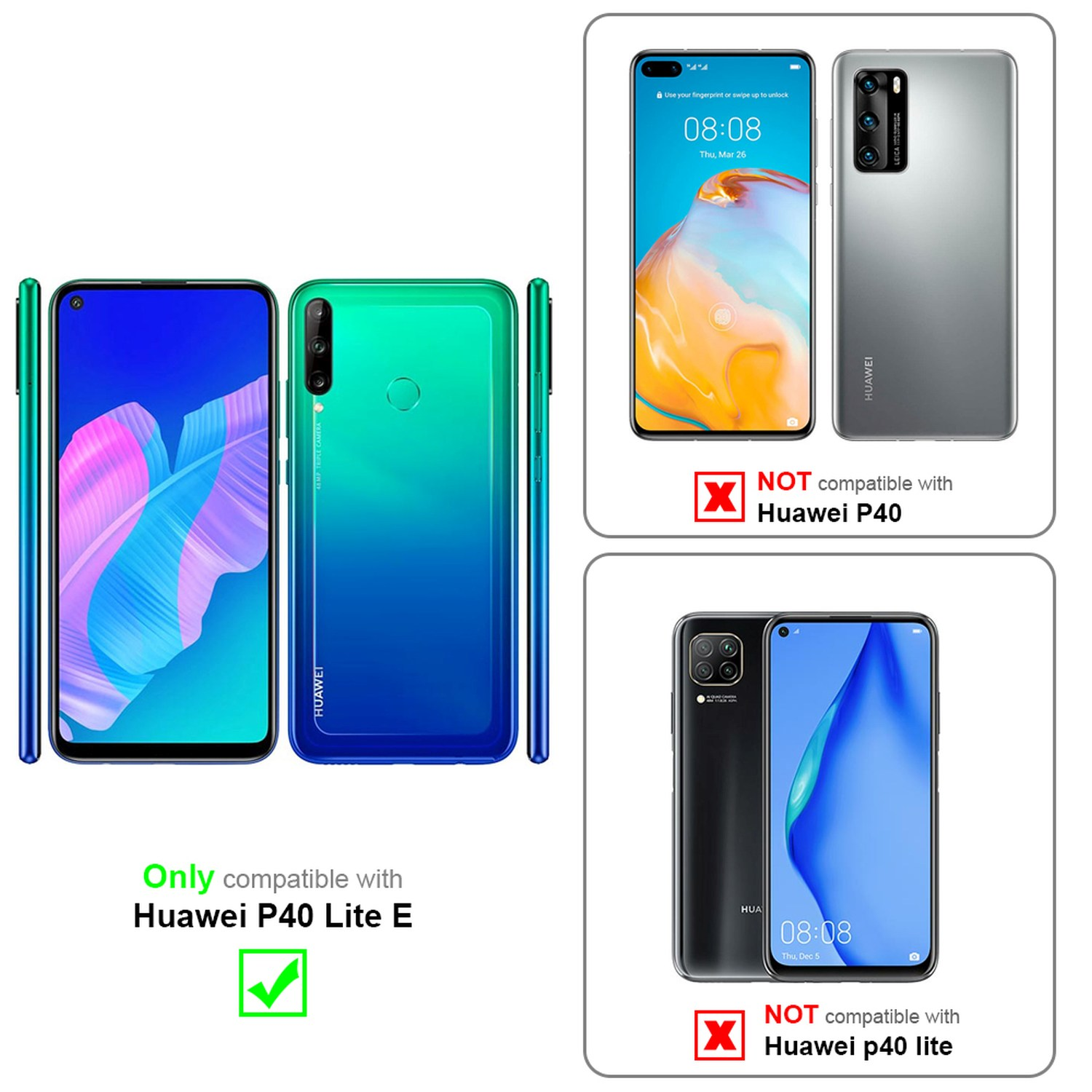 Tre telefoni. Uno verde, blu e uno nero. Testo: Solo compatibile con Huawei P40 Lite E.