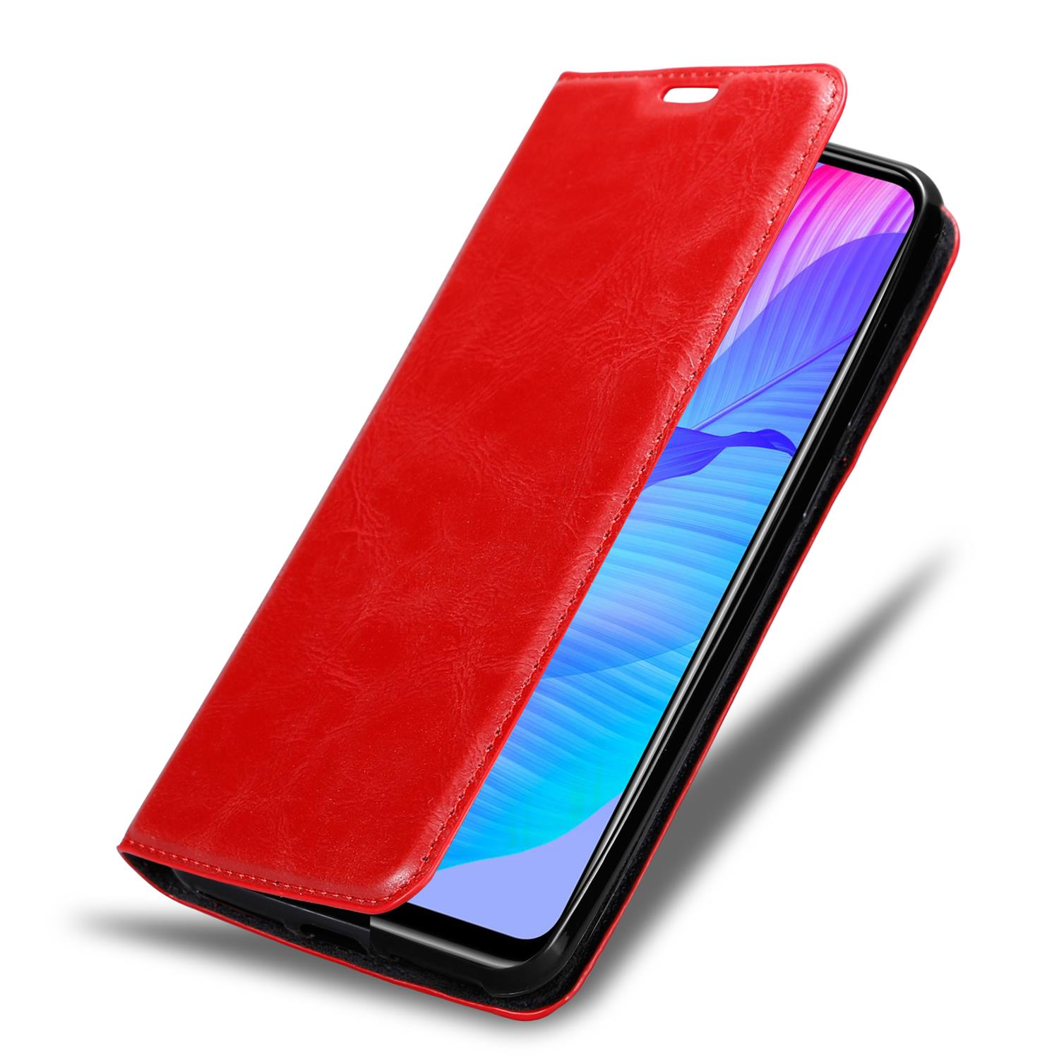 Rote Handyhülle geöffnet, zeigt einen Telefonbildschirm mit blauen, lila und weißen Farbverläufen.