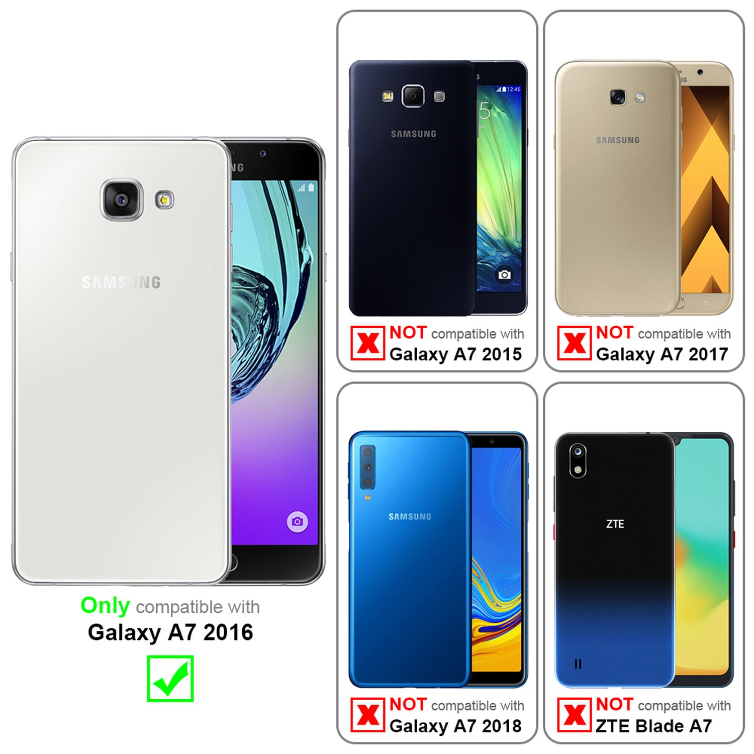 Tabla de comparación de teléfonos. Teléfono blanco compatible con Galaxy A7 2016. Otros no compatibles.