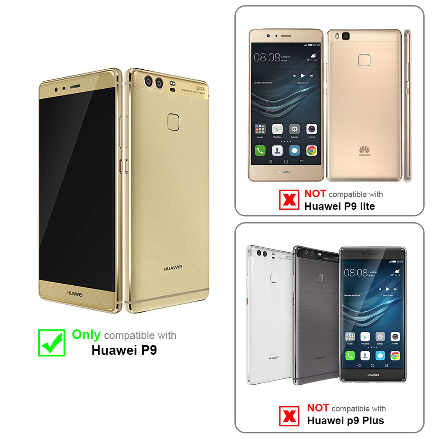 Comparación de teléfonos Huawei P9, modelos compatibles e incompatibles.