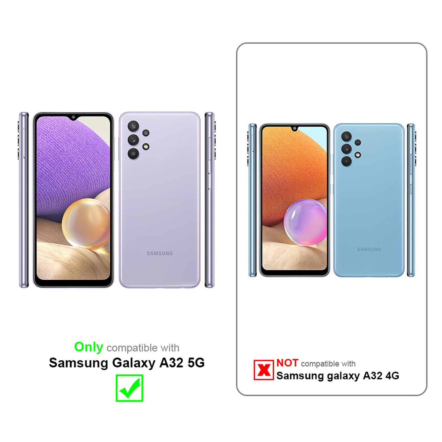 Zwei Samsung Galaxy A32 5G Handys. Eines lila, eines blau. Nur 5G ist kompatibel.
