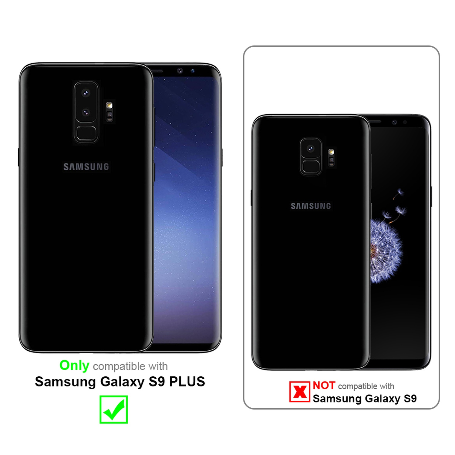 Zwei Telefone nebeneinander, die Kompatibilität zeigen. Eines ist mit Galaxy S9+ kompatibel, das andere nicht mit Galaxy S9.