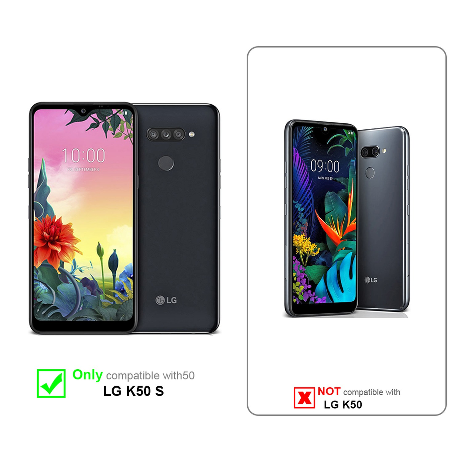 Due telefoni LG. Uno mostra fiori, l'altro è nero. Entrambi hanno il logo LG.