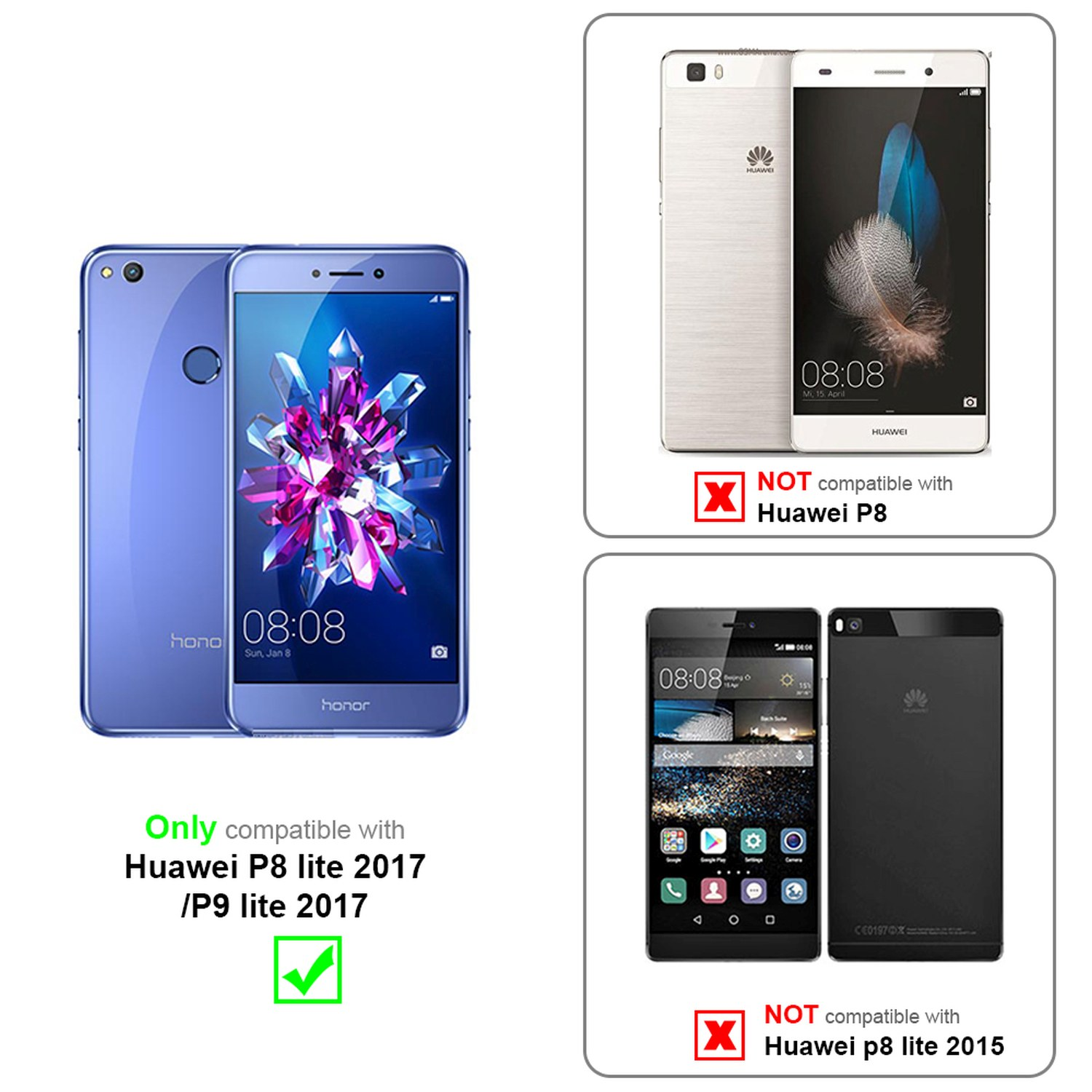 Due telefoni affiancati, blu e argento. Testo: Compatibile con Huawei P8 lite 2017/P9 lite 2017.