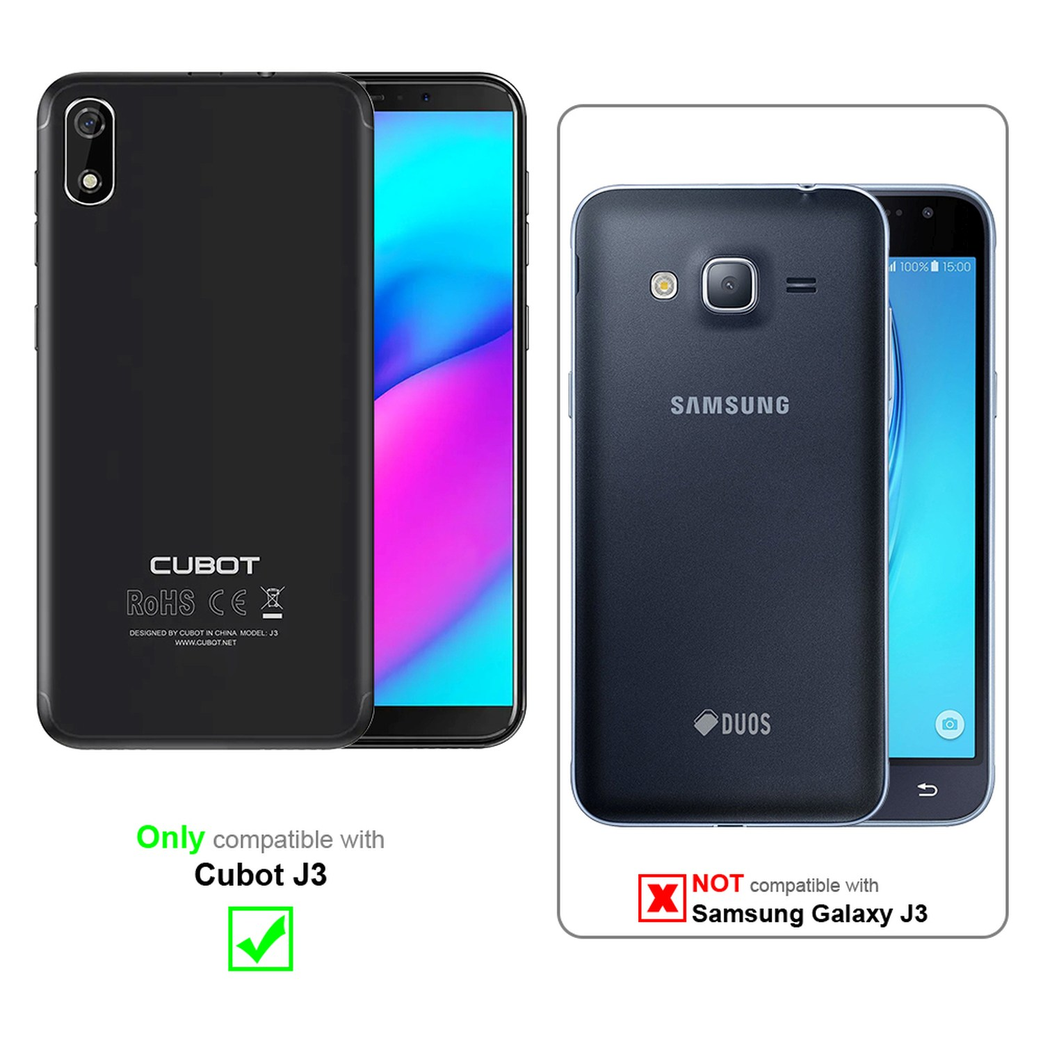 Due telefoni, quello a sinistra nero, quello a destra Samsung. Quello a sinistra è Cubot J3.