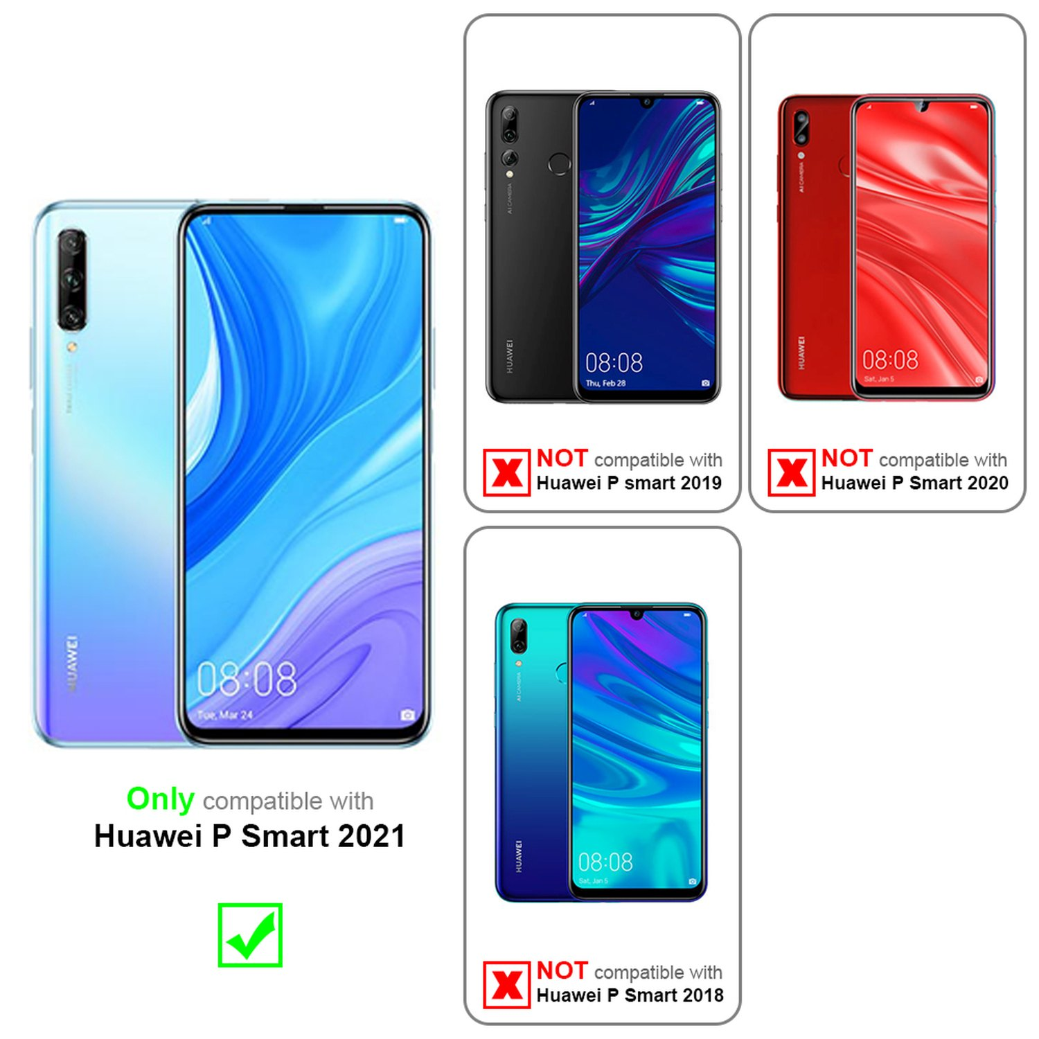 Handyhüllen mit Handys. Nur kompatibel mit Huawei P Smart 2021. Andere Handys als nicht kompatibel markiert.