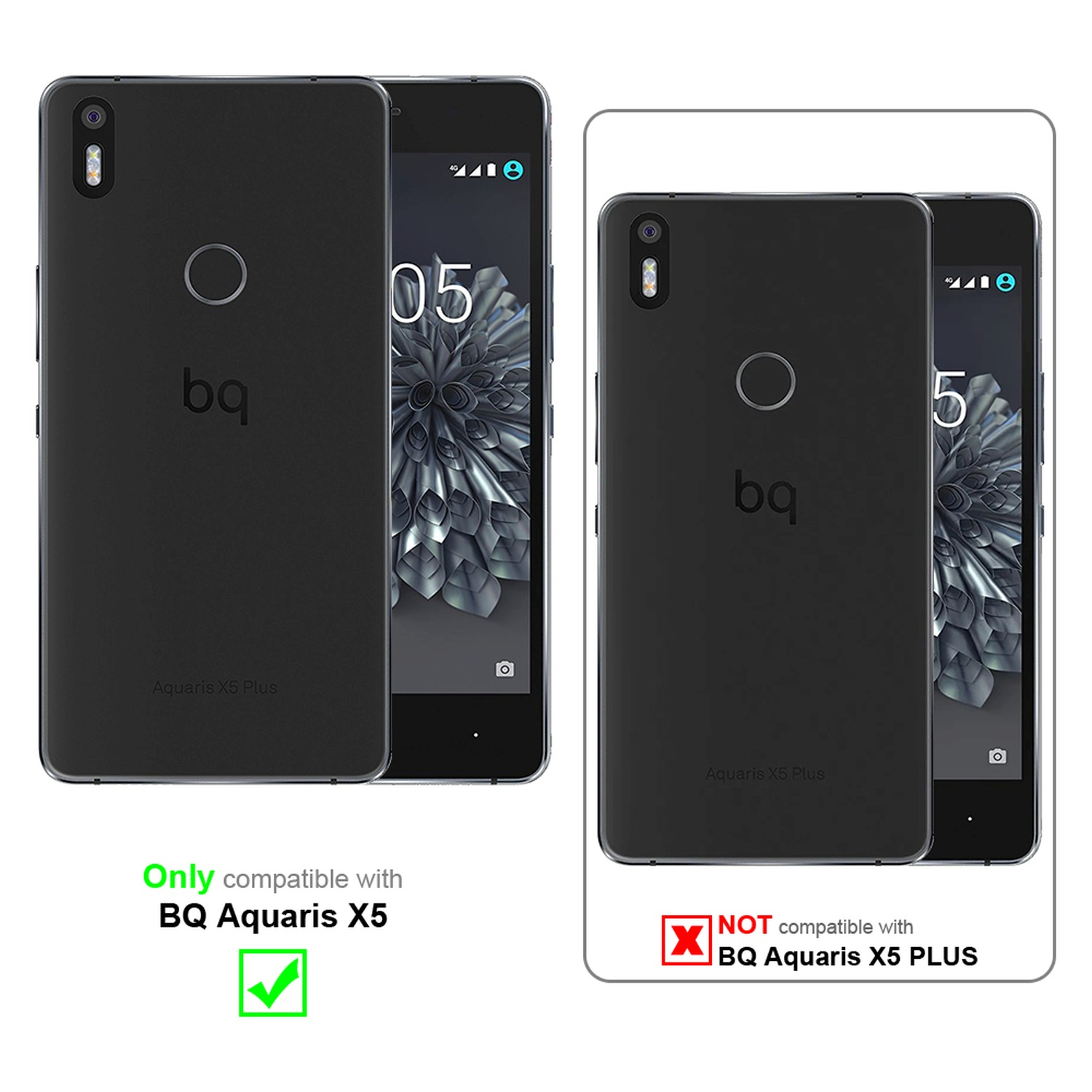 Dos teléfonos: bq Aquaris X5 Plus y X5 con carcasas, uno compatible.
