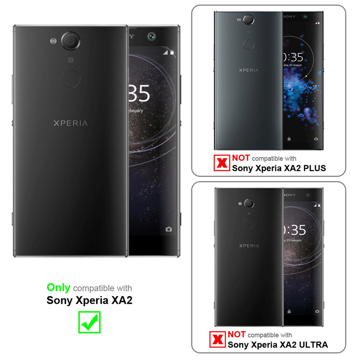 Teléfono negro en funda. Compatible con Xperia XA2. Otros teléfonos no son compatibles. Fondo blanco.