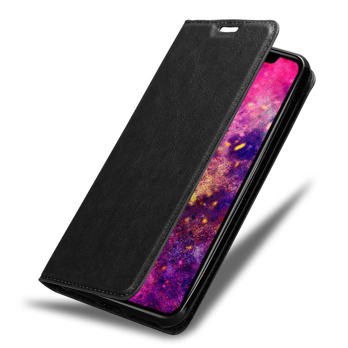 Eine schwarze Handyhülle mit dem Telefon darin, der Deckel ist offen.