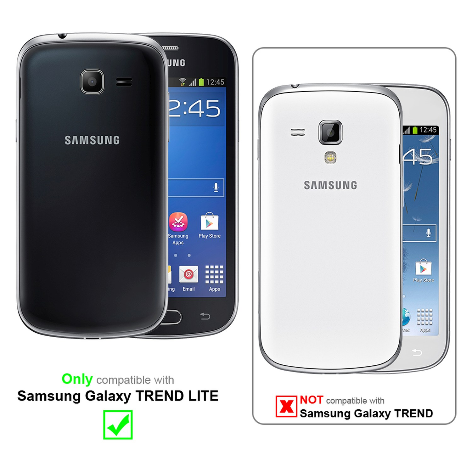 Teléfonos blanco y negro en funda. Compatible con Samsung Galaxy Trend Lite. Otros no. Fondo blanco.