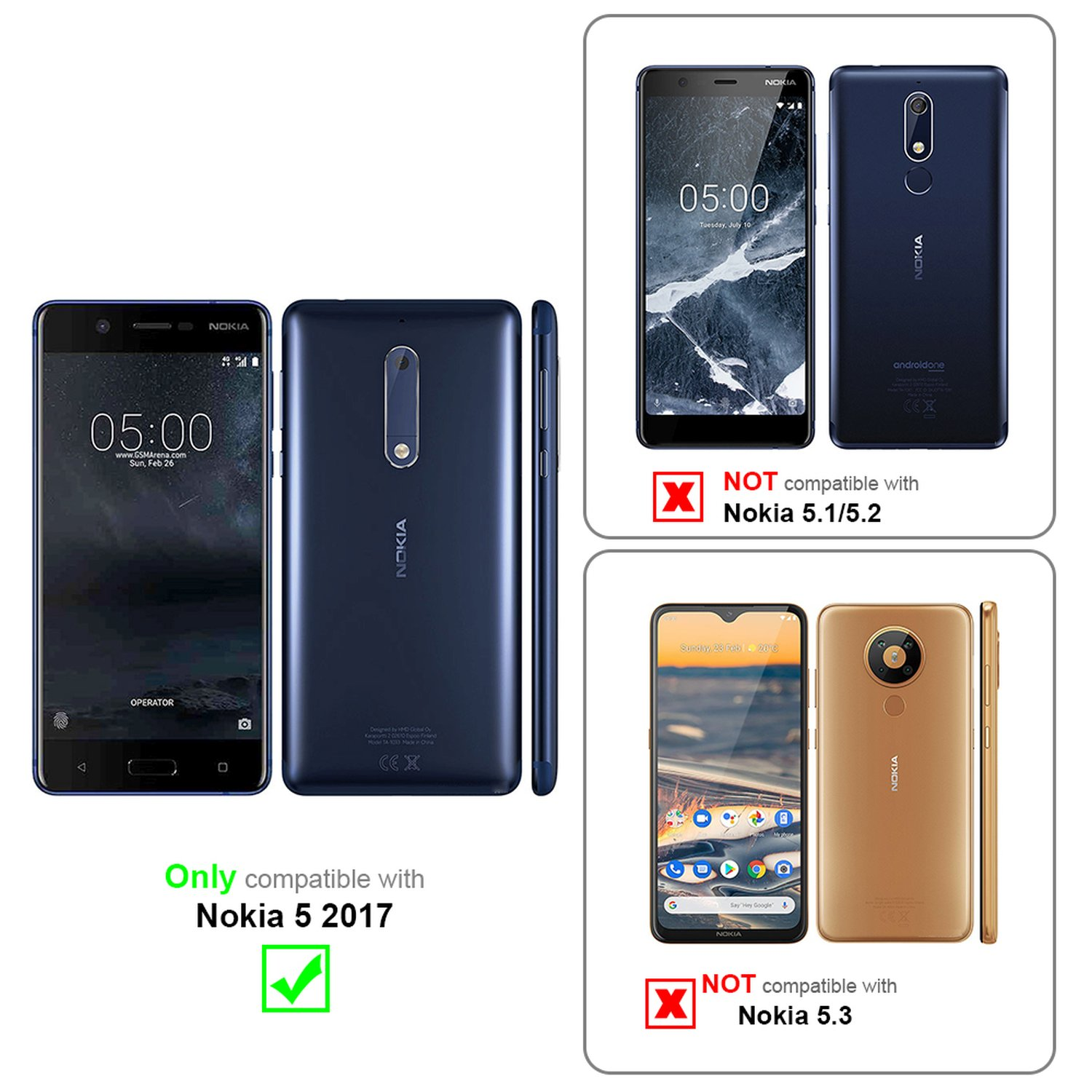 Confronto di telefoni Nokia. Mostra la compatibilità con Nokia 5 2017, non con altri.