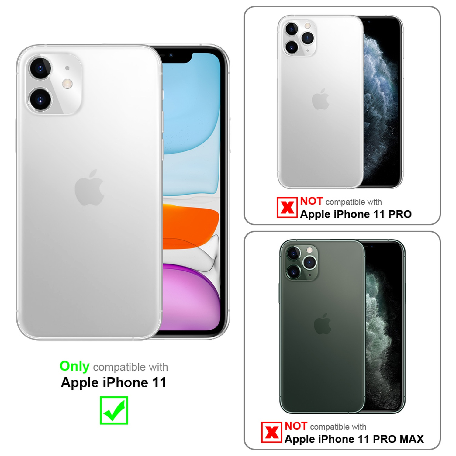 Zwei Handys: ein kompatibles Apple iPhone 11 und zwei nicht kompatible Handys. Grünes Häkchen/rotes X.
