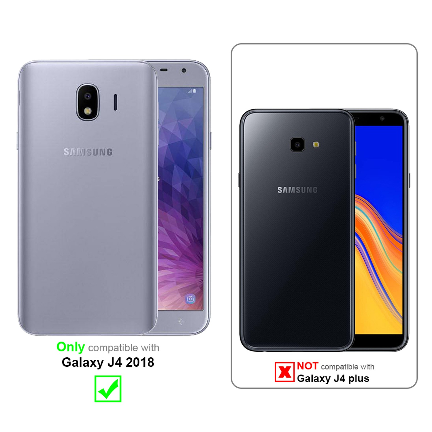 Immagine che confronta Samsung Galaxy J4 2018 con Galaxy J4 plus. Solo J4 2018 è compatibile.