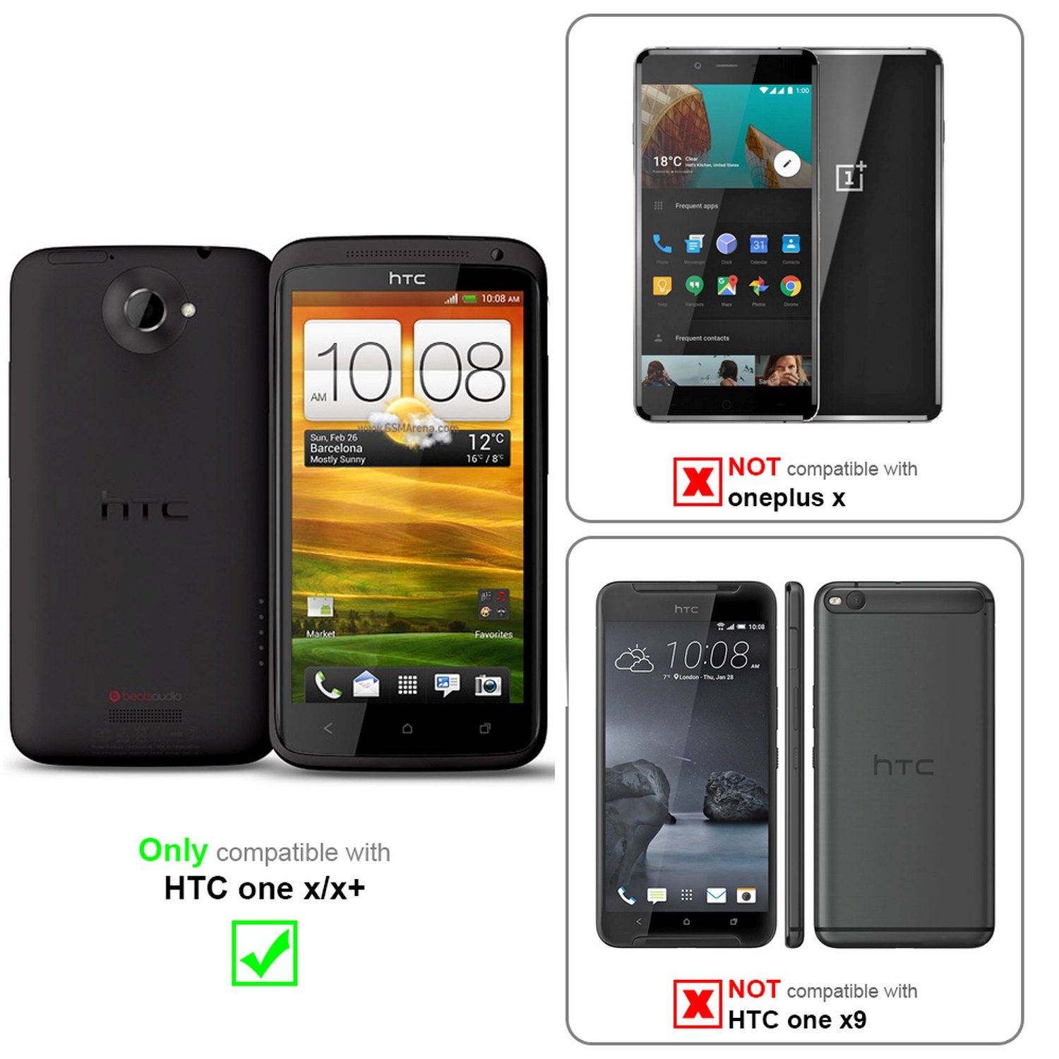 Tre telefoni con testo che indica la compatibilità. Due sono telefoni HTC. Uno è un OnePlus.