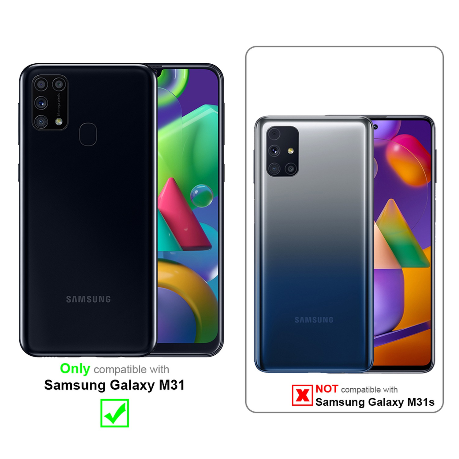 Schwarzes Telefon in Hülle. Kompatibel mit Samsung Galaxy M31. Andere Telefone sind nicht kompatibel. Weißer Hintergrund.