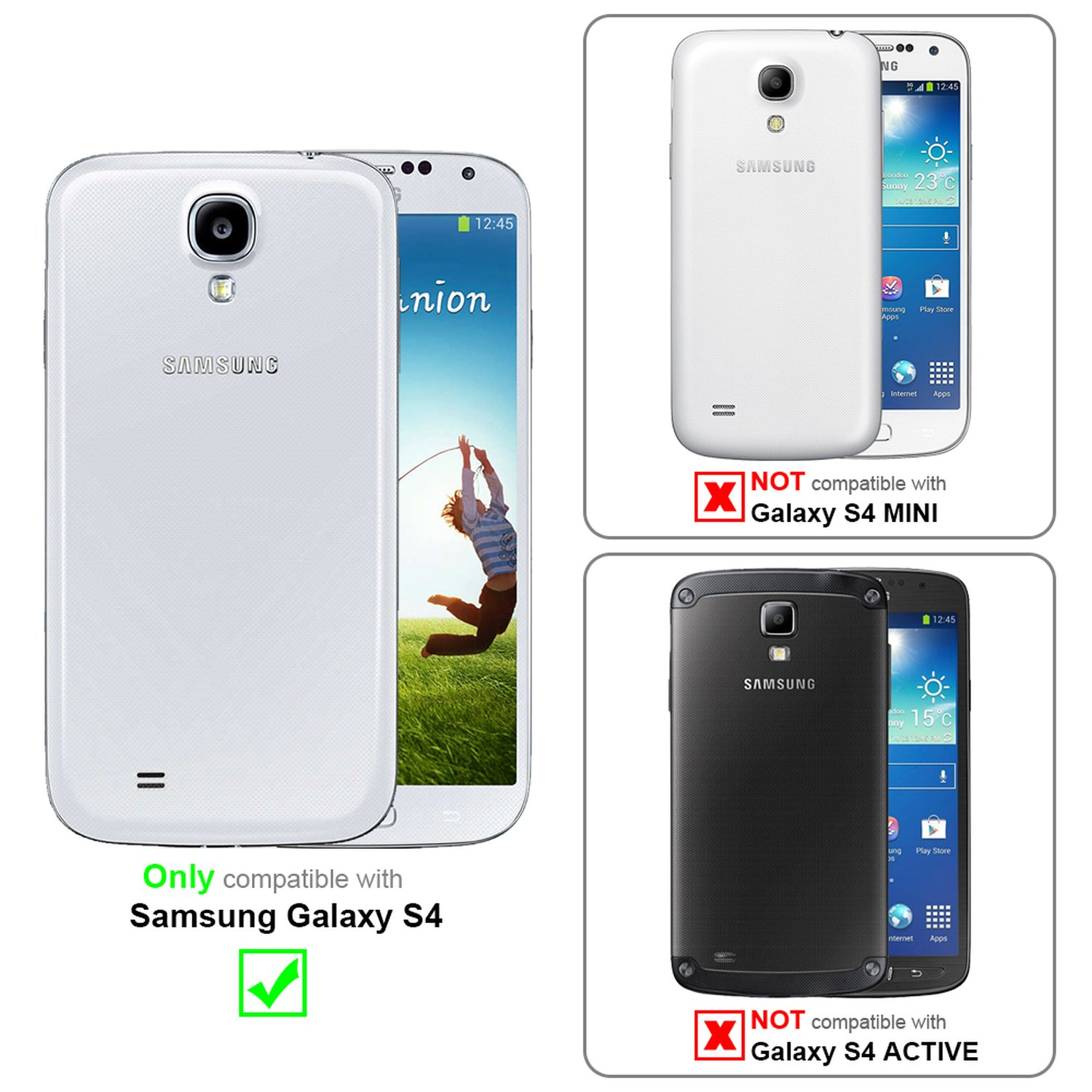 Telefono e custodia bianchi Samsung Galaxy S4 con un'immagine che mostra i dettagli di compatibilità.