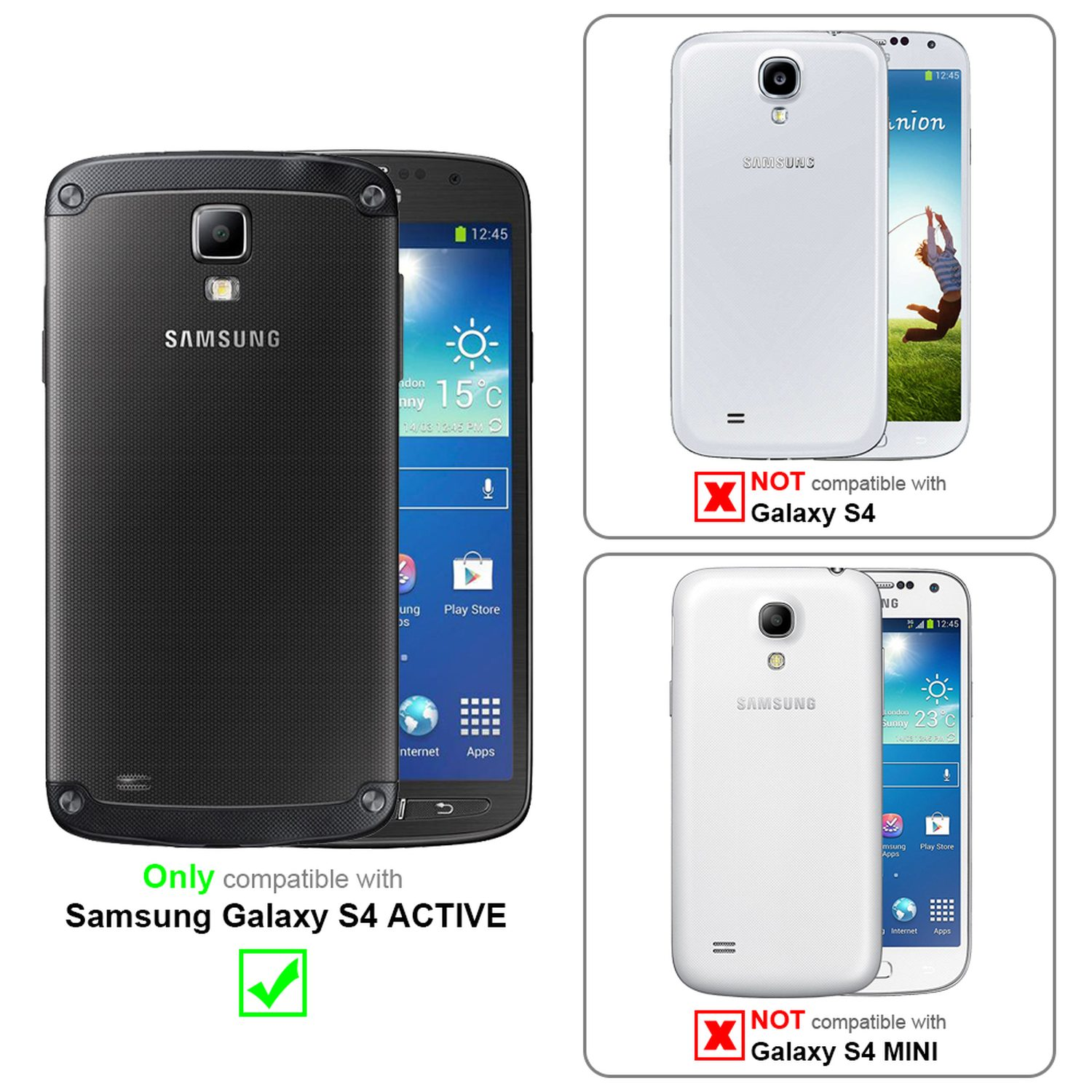 Schwarzes Samsung Galaxy S4 Active Telefon und Hüllen. S4-Hüllen nicht kompatibel.