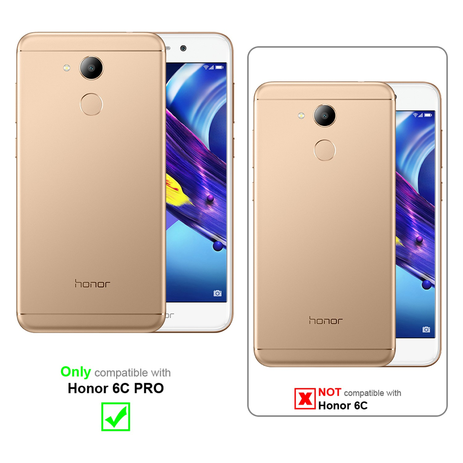 Zwei Handys: ein kompatibles Honor 6C PRO und ein nicht kompatibles Handy. Grünes Häkchen/rotes X.