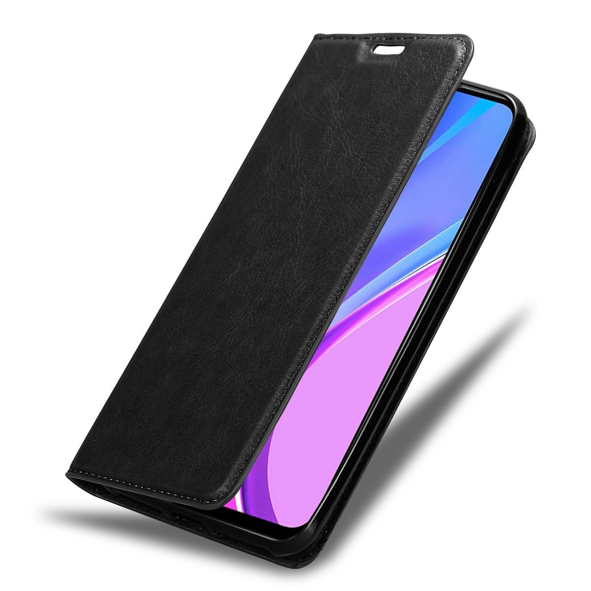 Schwarze Handyhülle offen, zeigt Telefonbildschirm. Lederstruktur, schlichter Hintergrund.