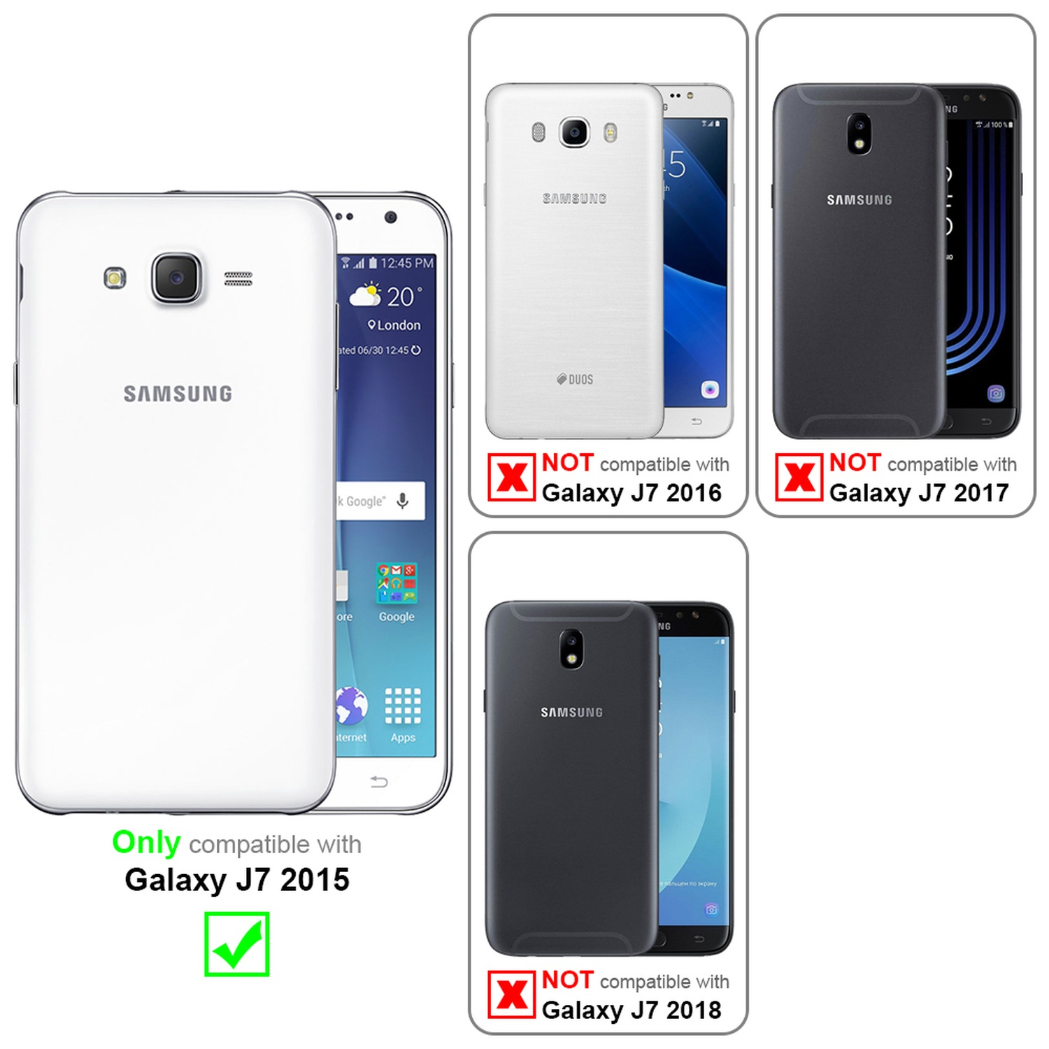 Telefono bianco nella custodia. Compatibile con Galaxy J7 2015. Altri no. Sfondo bianco.