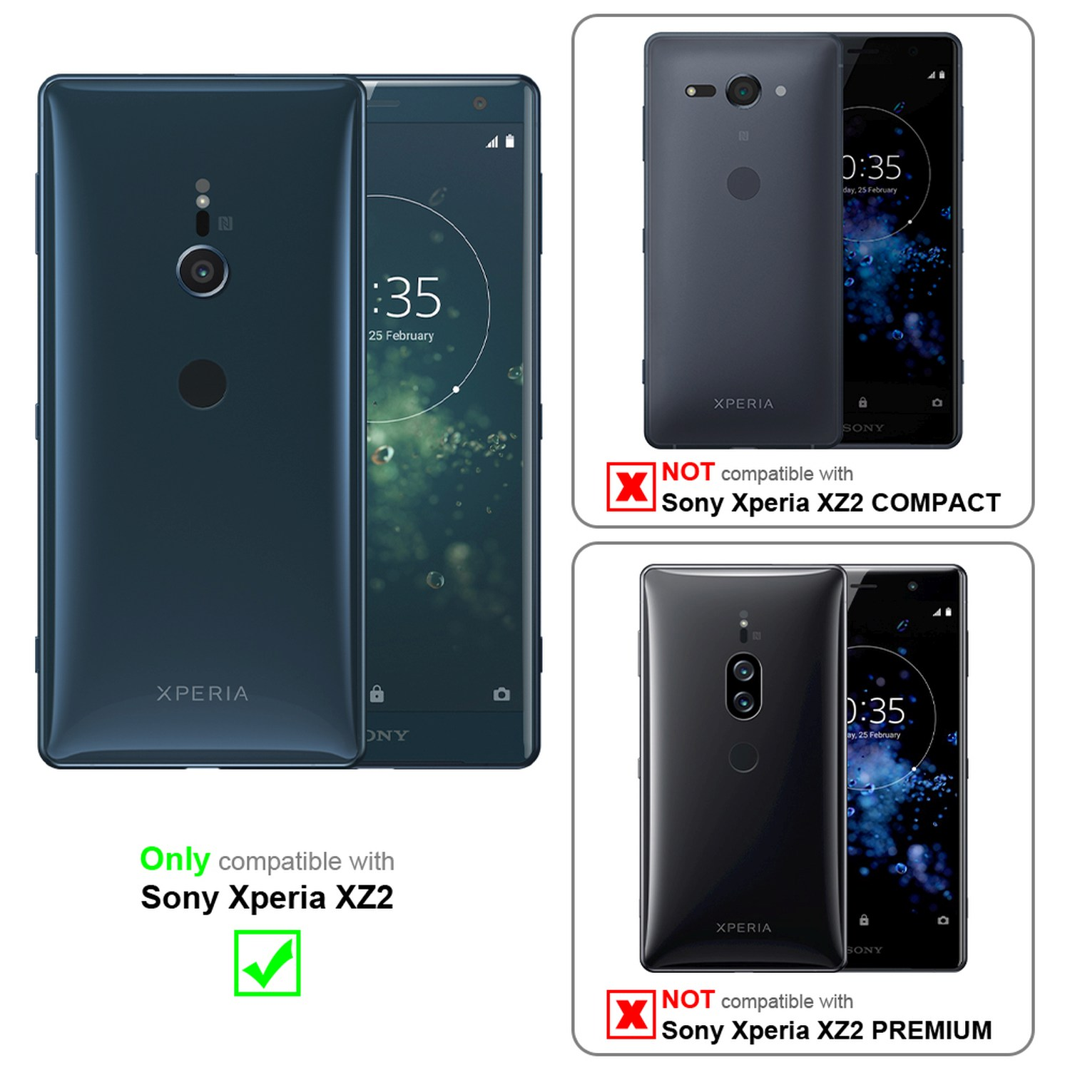 Due telefoni con custodie. Uno è compatibile con Sony Xperia XZ2, gli altri non con XZ2 Compact/Premium.
