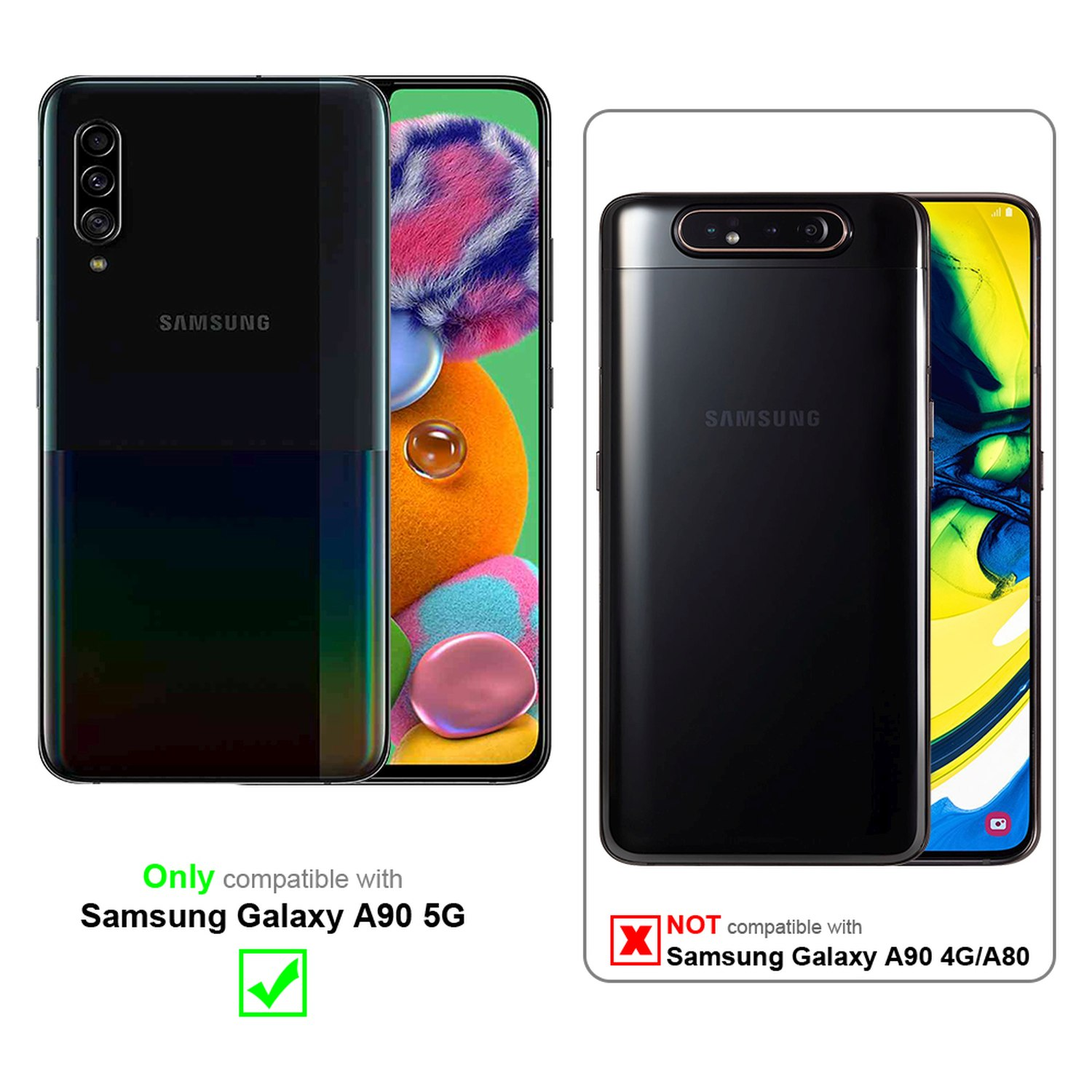 Telefono nero nella custodia. Compatibile con Samsung Galaxy A90 5G. Altri no. Sfondo bianco.