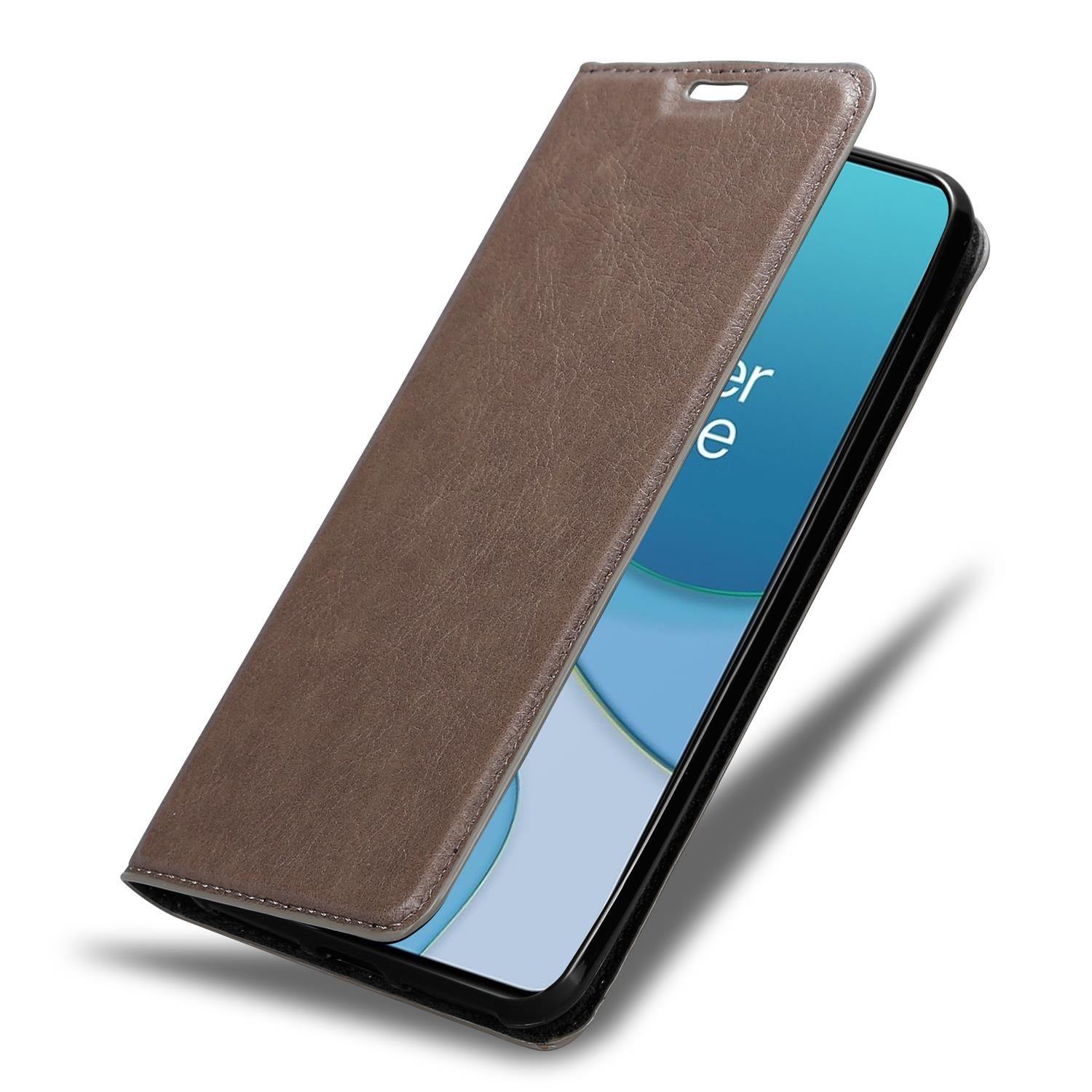 Braune Handyhülle, offen, zeigt den Telefonbildschirm. Es ist ein schwarzer Bildschirm mit blauem Design.