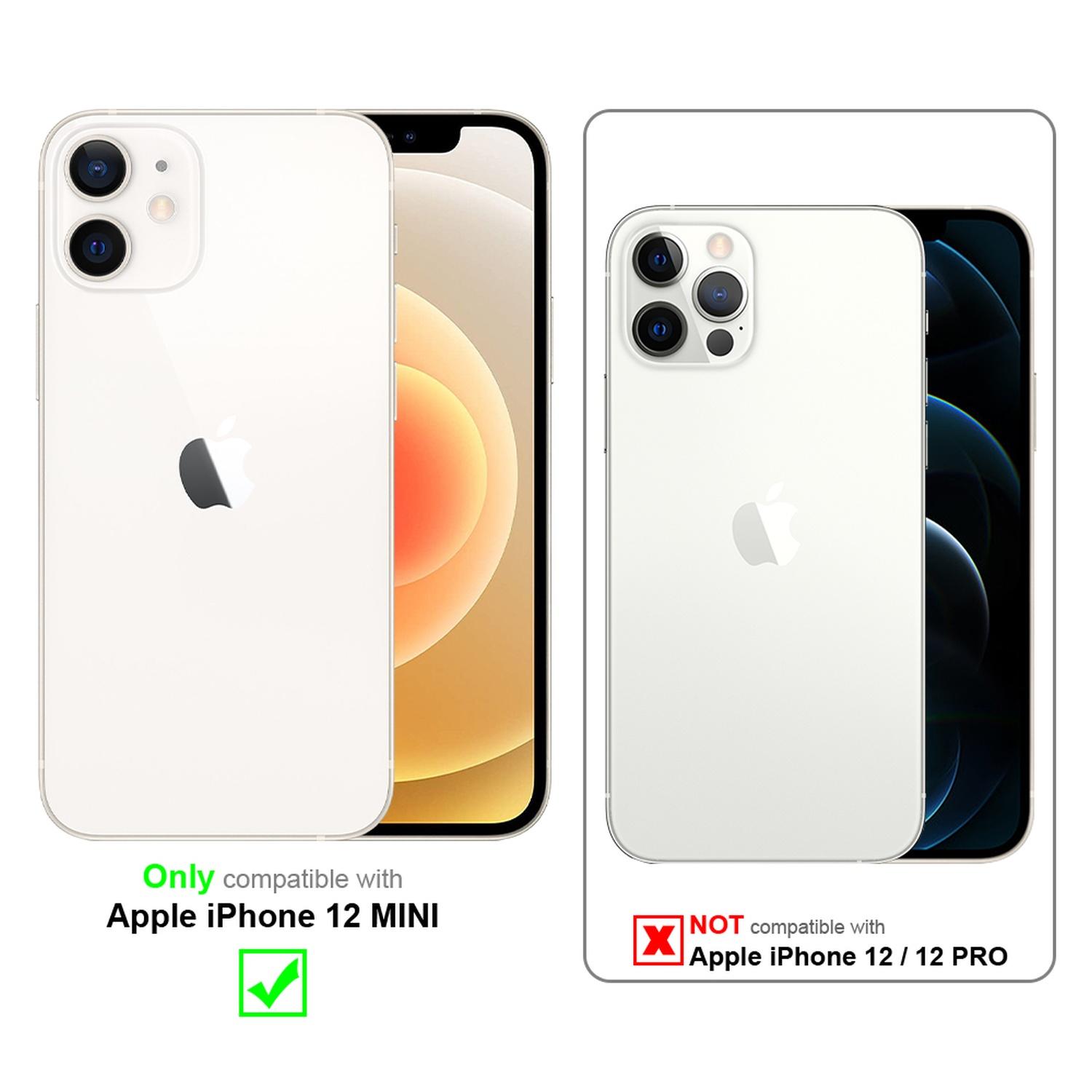 Weiße Telefone mit Text: Nur kompatibel mit Apple iPhone 12 MINI. Nicht kompatibel mit Apple iPhone 12/12 Pro.