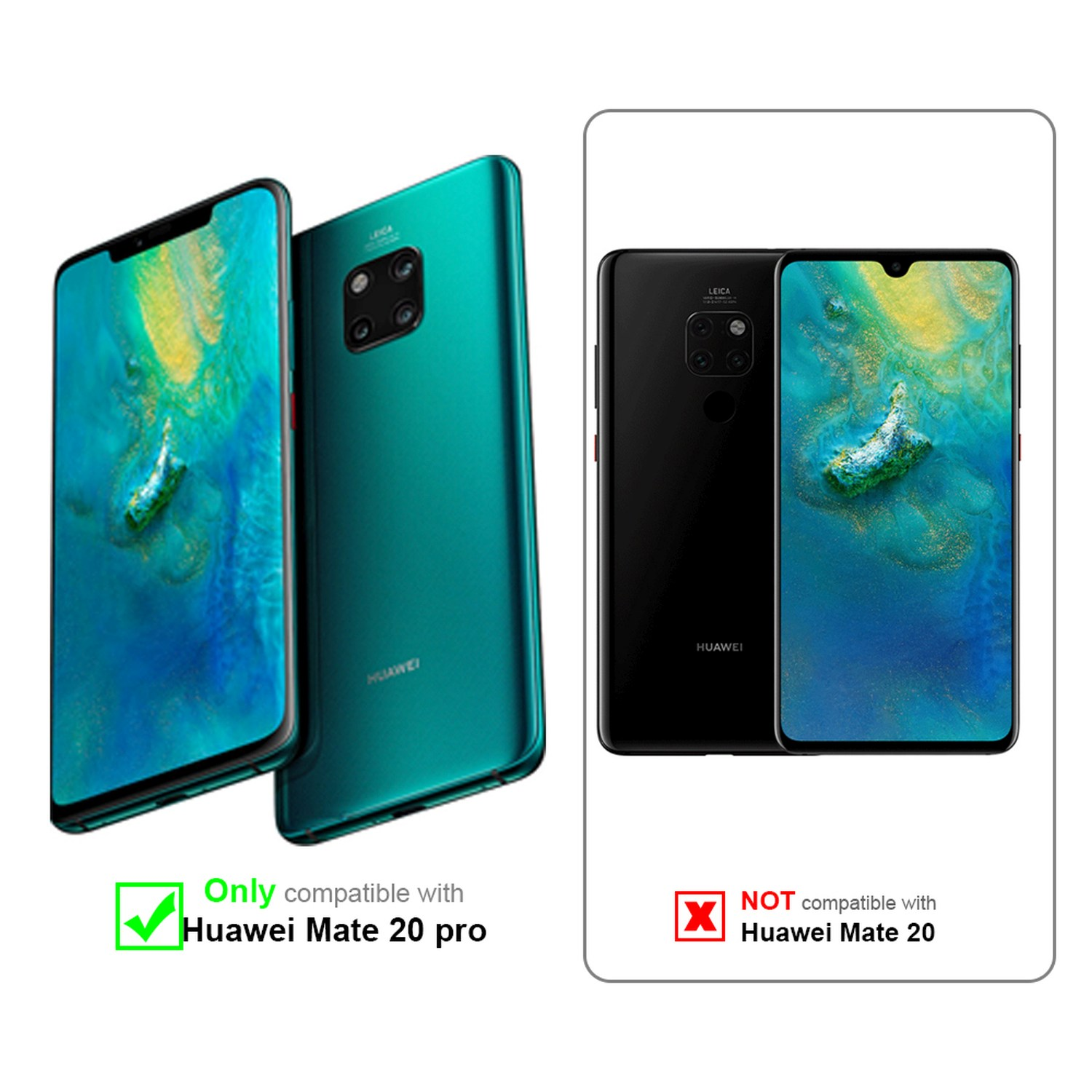 Grünes Telefon in Hülle. Kompatibel mit Huawei Mate 20 pro. Andere Telefone sind nicht kompatibel. Weißer Hintergrund.