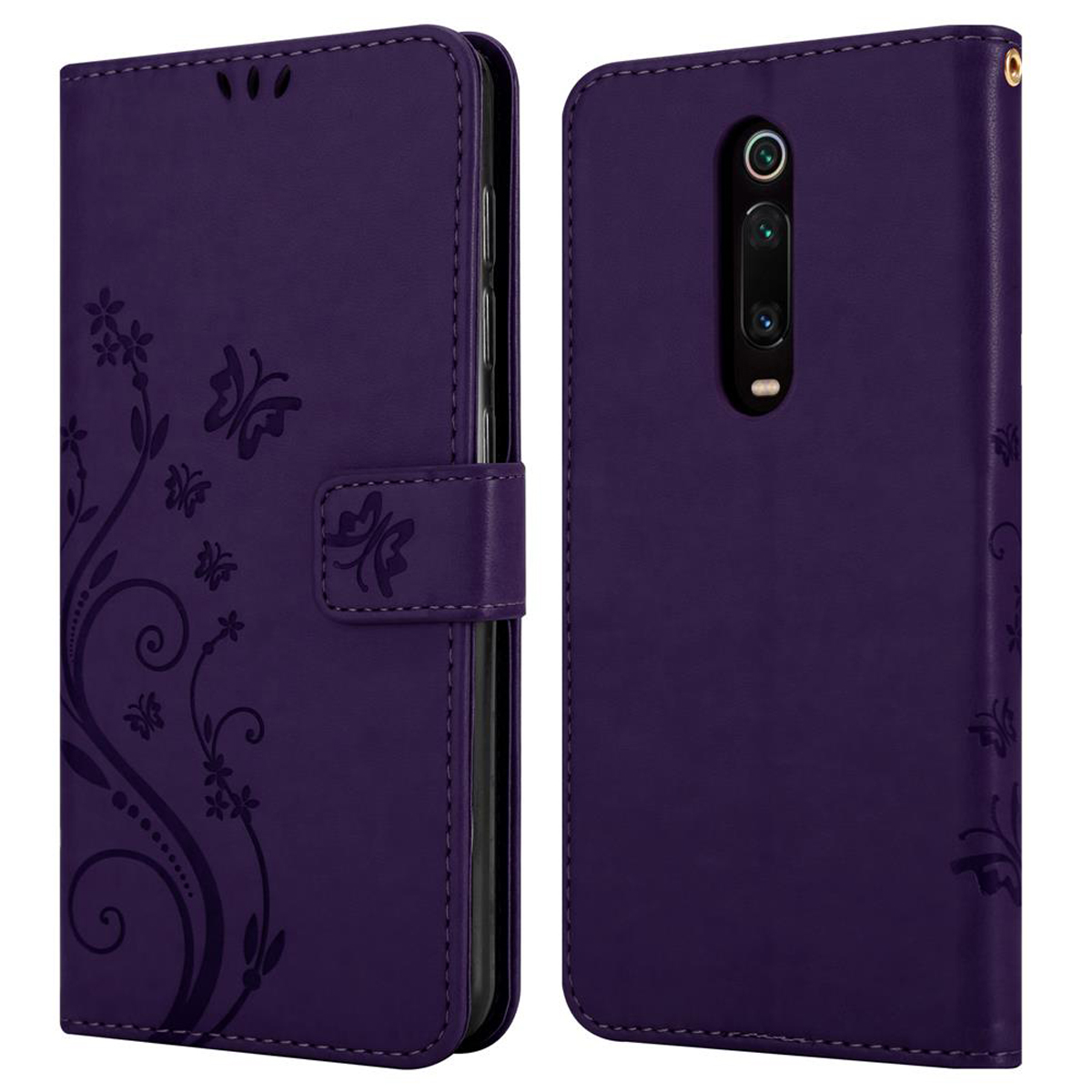 Una custodia per telefono viola con design floreale e farfalle. Il telefono non è visibile.
