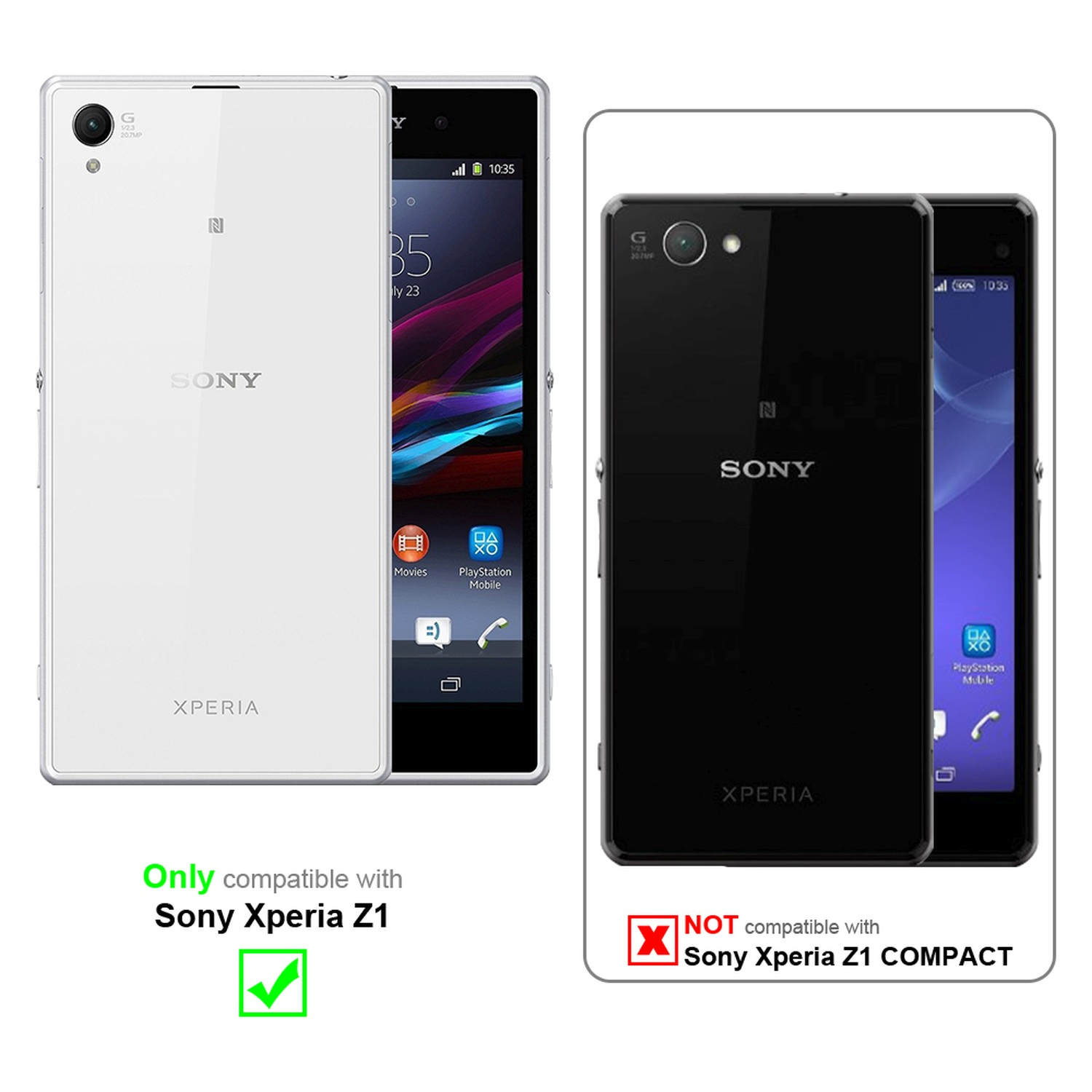 Dos teléfonos Sony Xperia: blanco y negro, con marca de verificación para Z1, cruz para Z1 Compact.