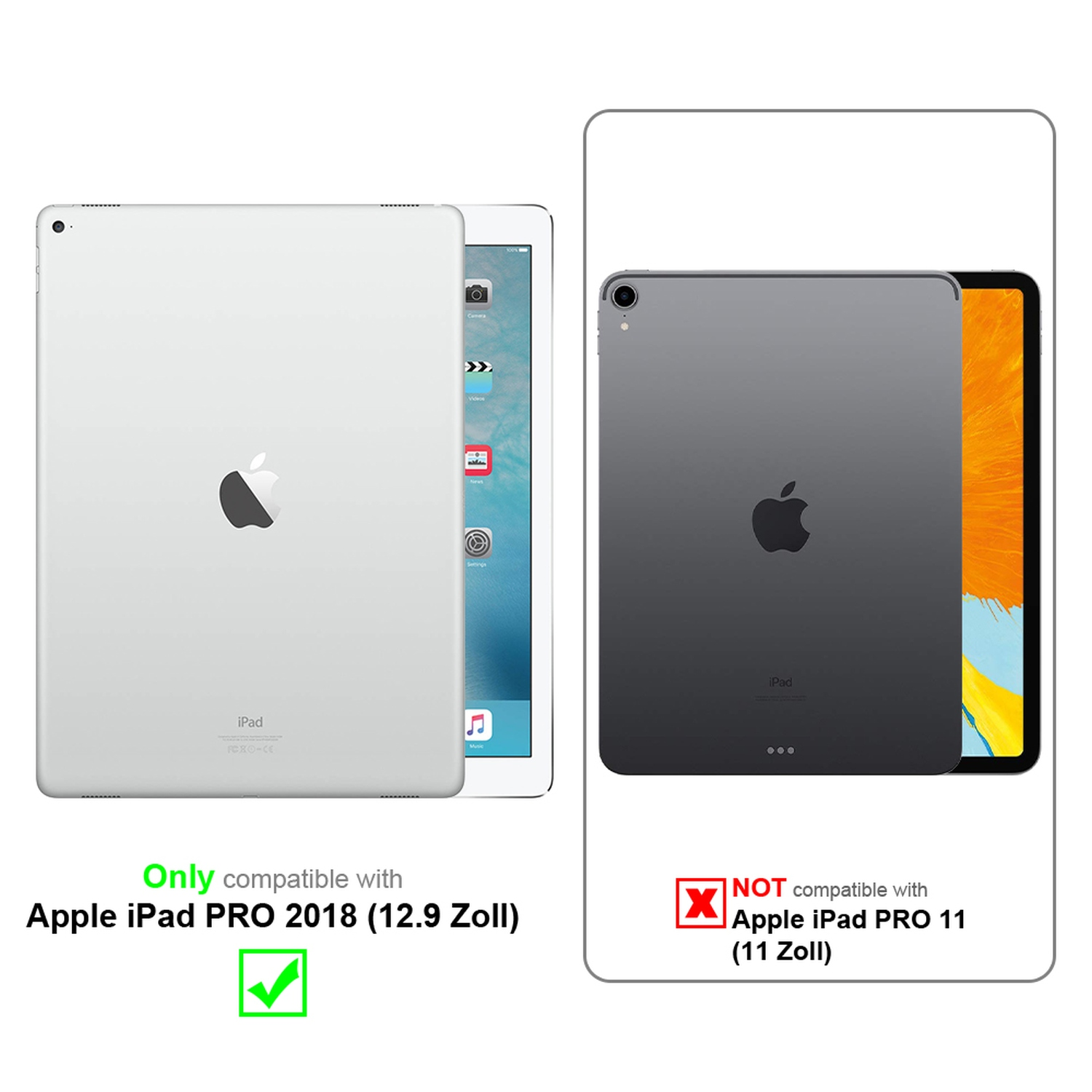 Zwei iPads: Eines ist weiß, kompatibel mit Apple iPad PRO 2018. Das andere ist grau, nicht kompatibel mit Apple iPad PRO 11.