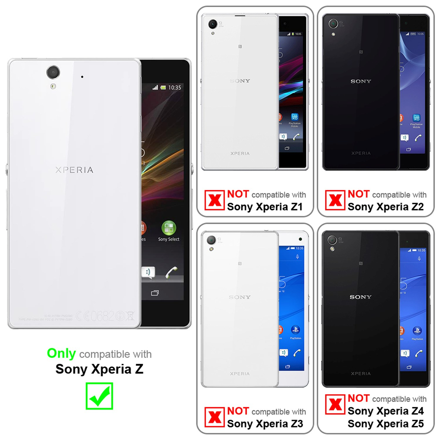 Seis teléfonos Sony Xperia con información de compatibilidad, solo compatible con Xperia Z.
