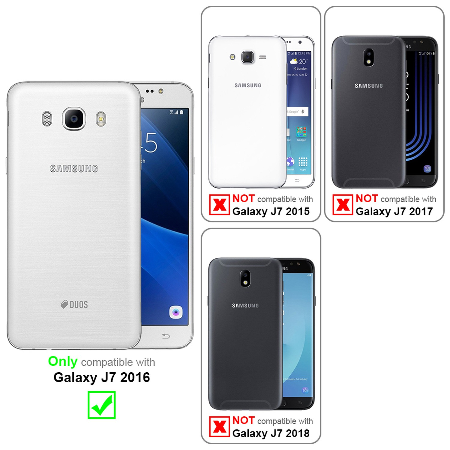 Imagen que muestra tres teléfonos con texto que indica la compatibilidad. Solo el J7 2016 es compatible.